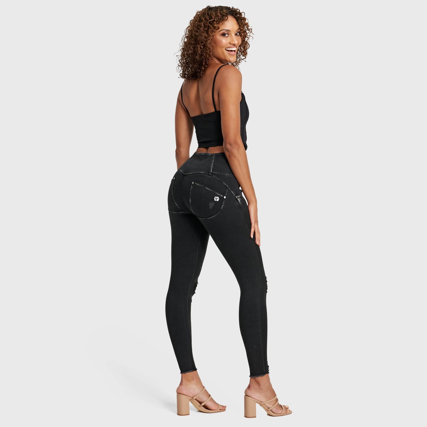 WR.UP® Snug Ripped Jeans - High Waisted - Full Length - Coated Black + Black Stitching