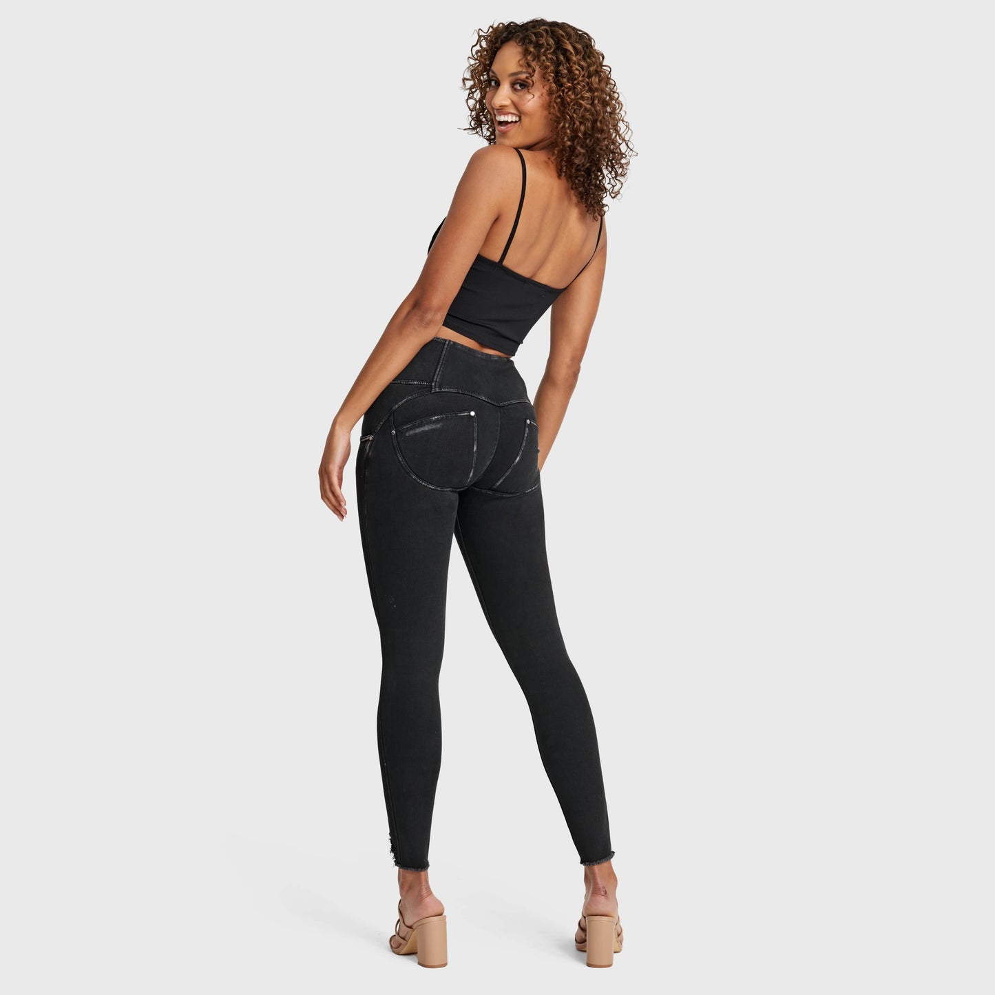 WR.UP® Snug Ripped Jeans - High Waisted - Full Length - Coated Black + Black Stitching