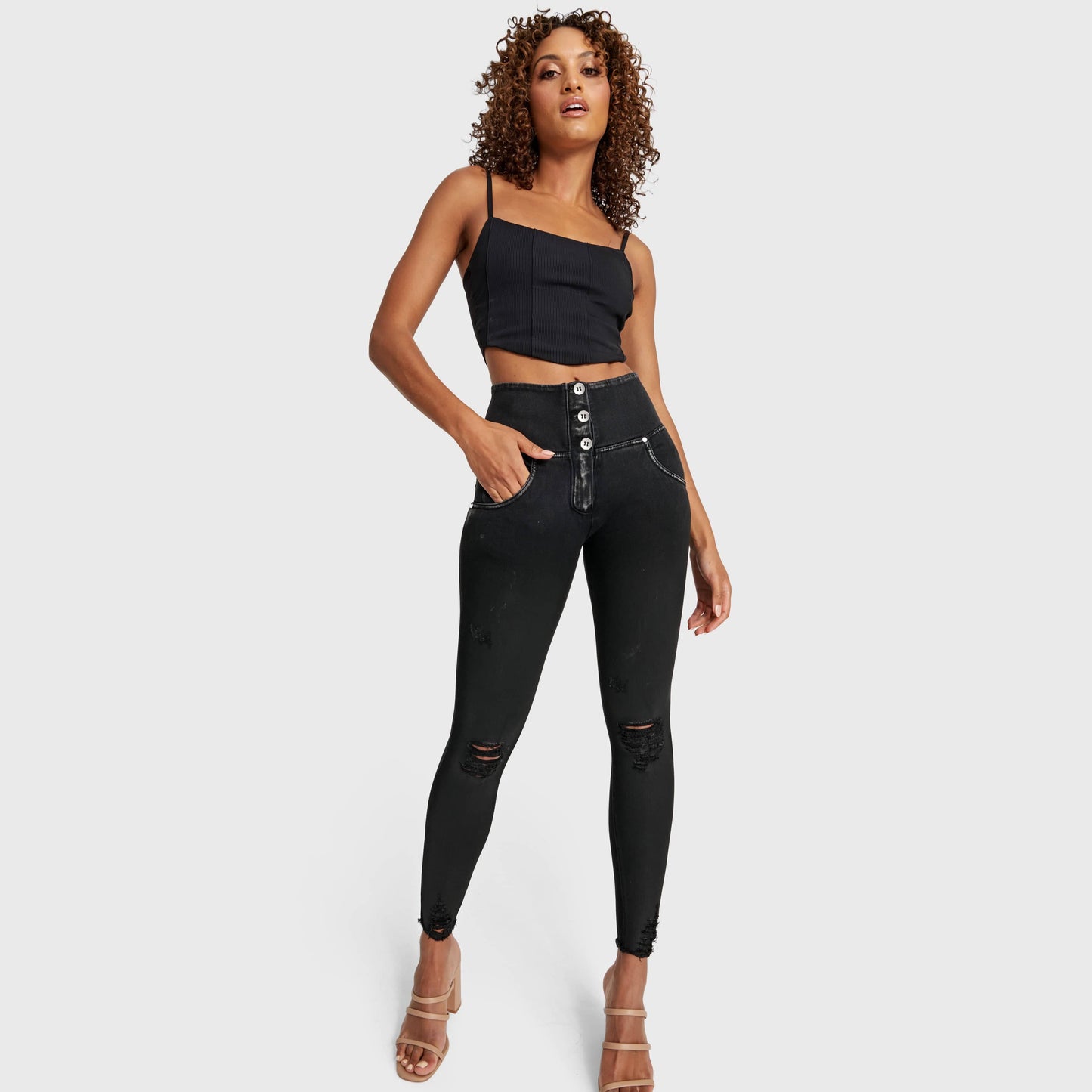 WR.UP® Snug Ripped Jeans - High Waisted - Full Length - Coated Black + Black Stitching