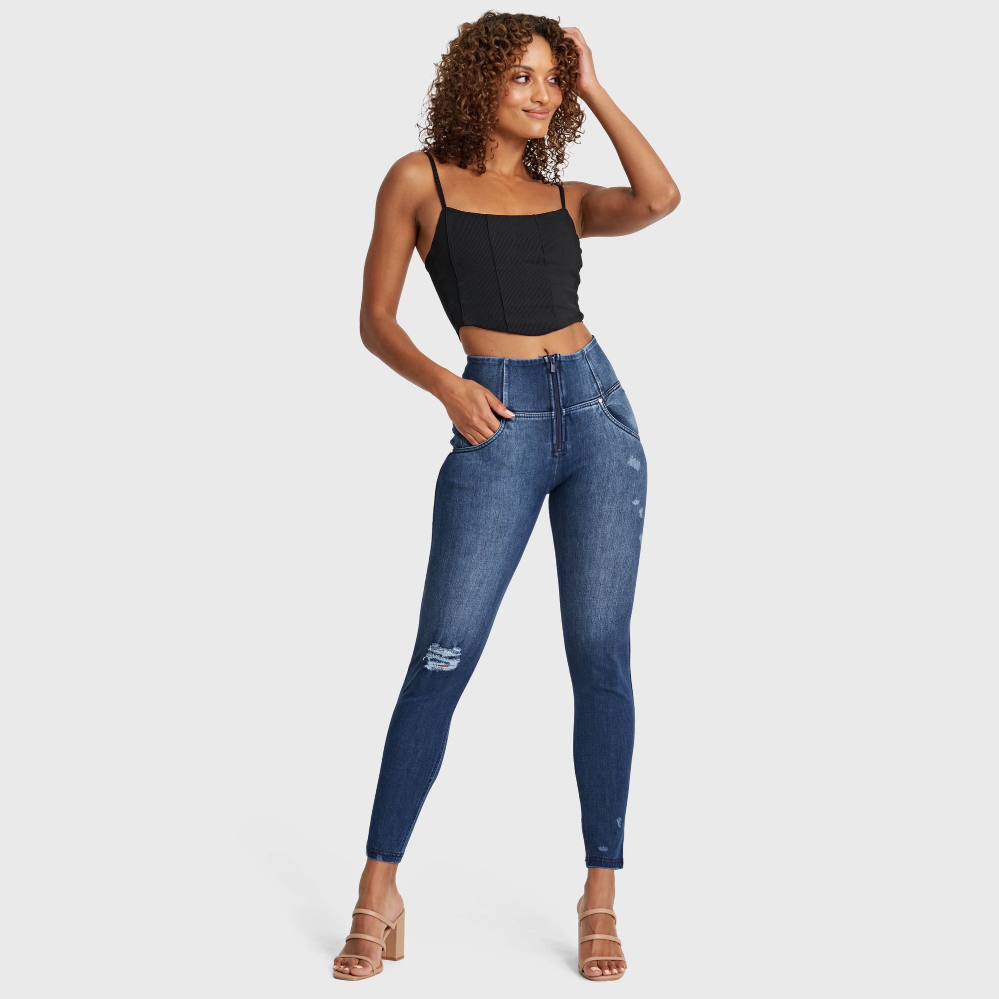 WR.UP® Snug Distressed Jeans - High Waisted - Full Length - Dark Blue + Blue Stitching