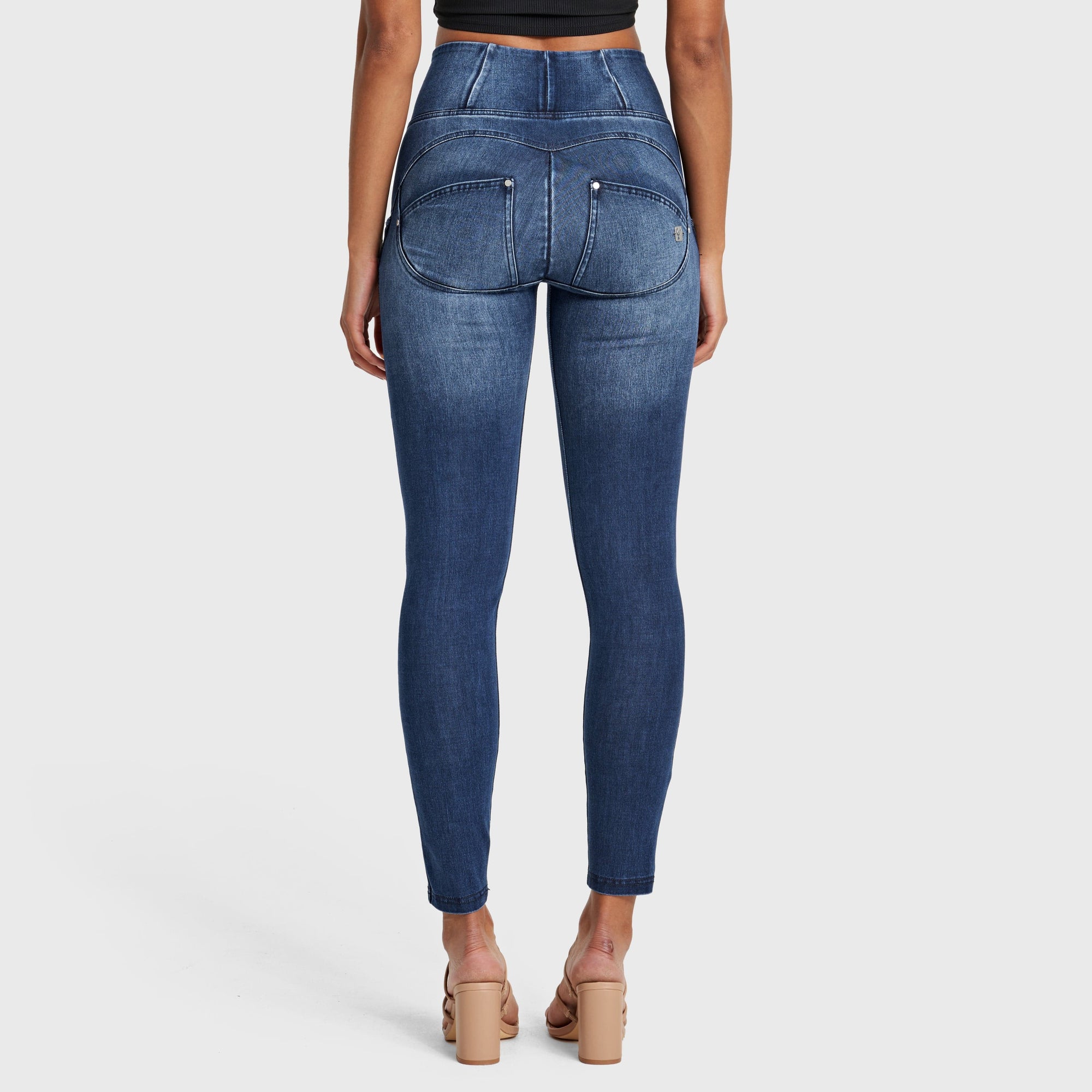 WR.UP® Snug Distressed Jeans - High Waisted - Full Length - Dark Blue + Blue Stitching