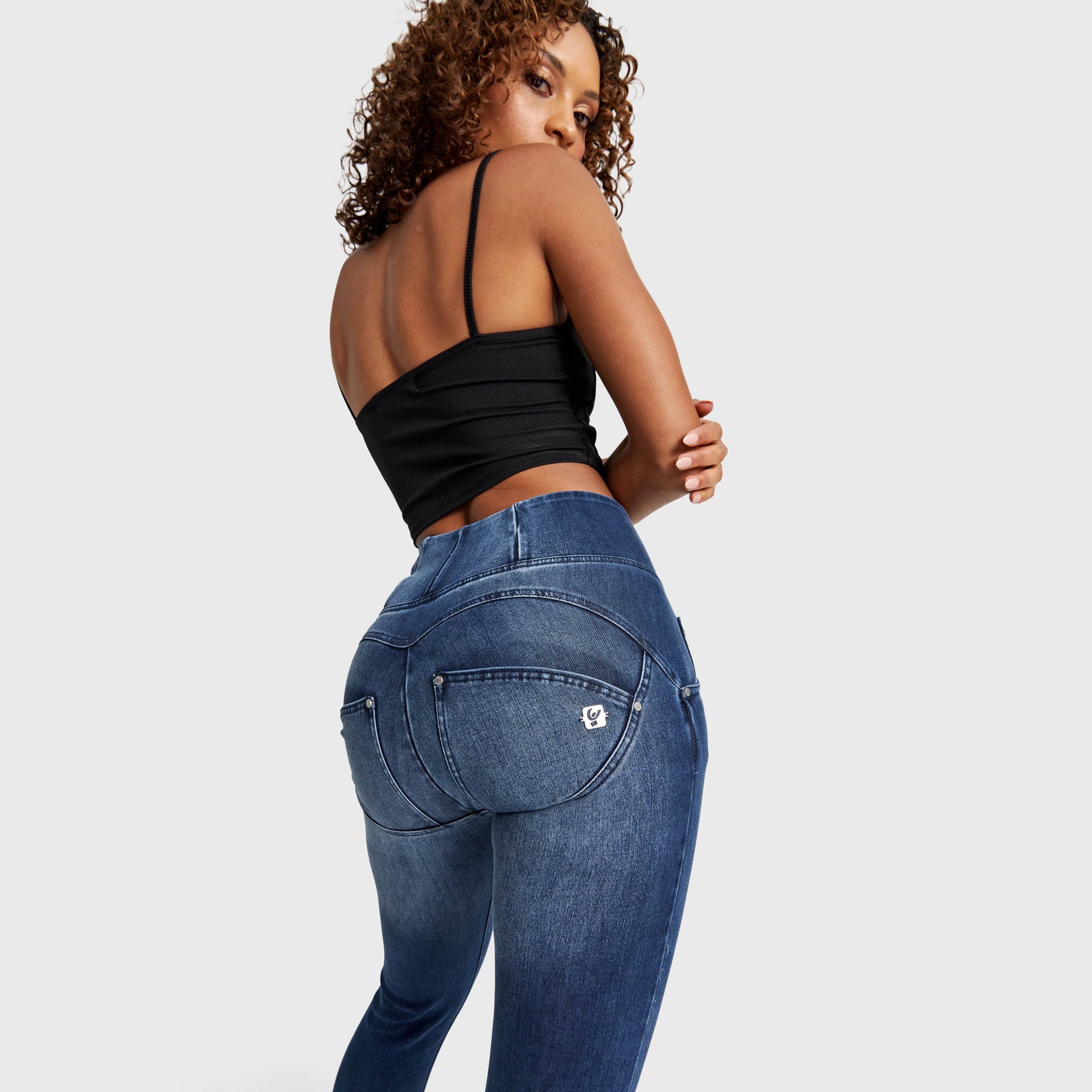 WR.UP® Snug Distressed Jeans - High Waisted - Full Length - Dark Blue + Blue Stitching