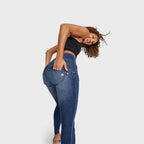 بنطلون جينز WR.UP® ضيق بتصميم ممزق - خصر عالٍ - طول كامل - أزرق داكن مع خياطة زرقاء