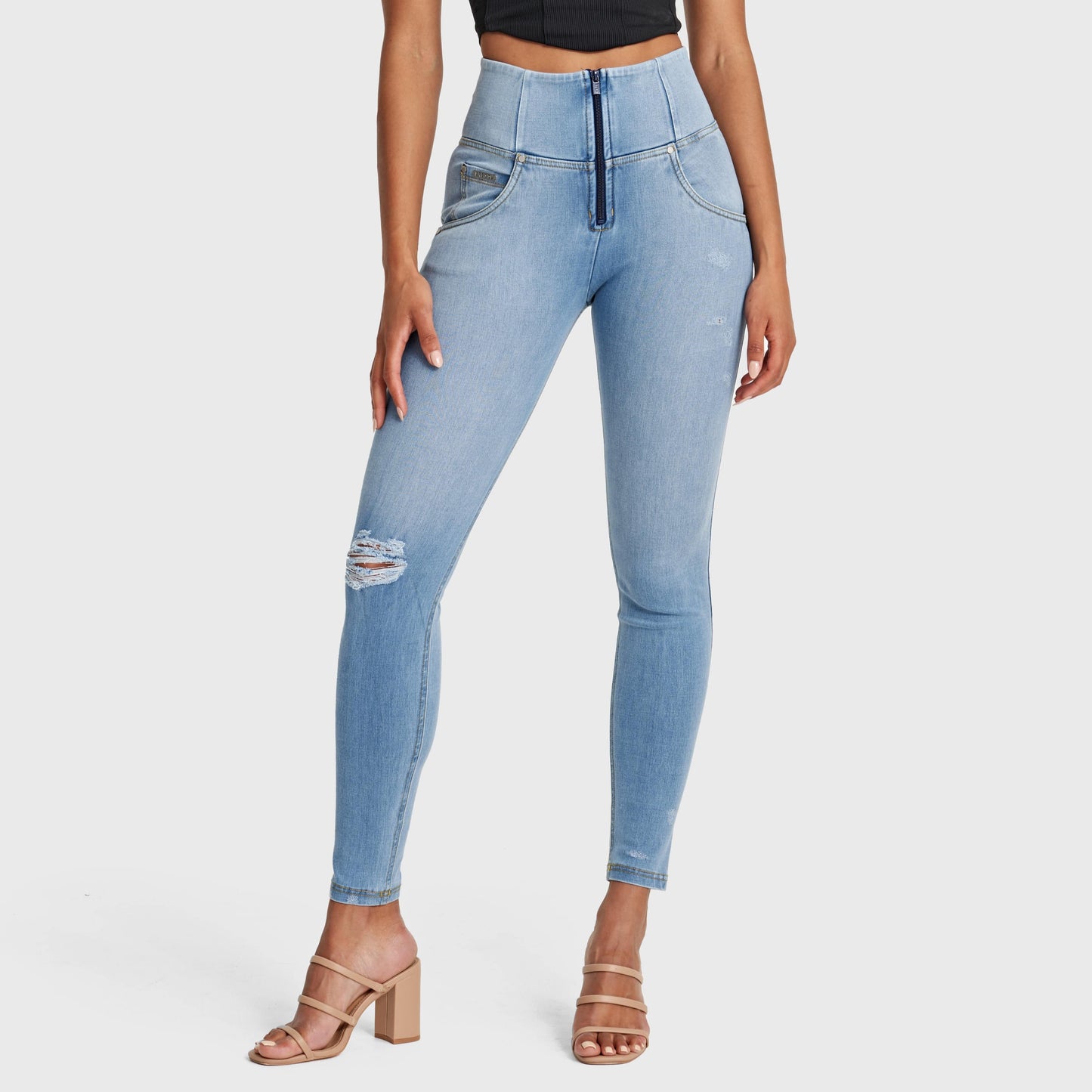 WR.UP® Snug Distressed Jeans - High Waisted - Full Length - Light Blue + Yellow Stitching