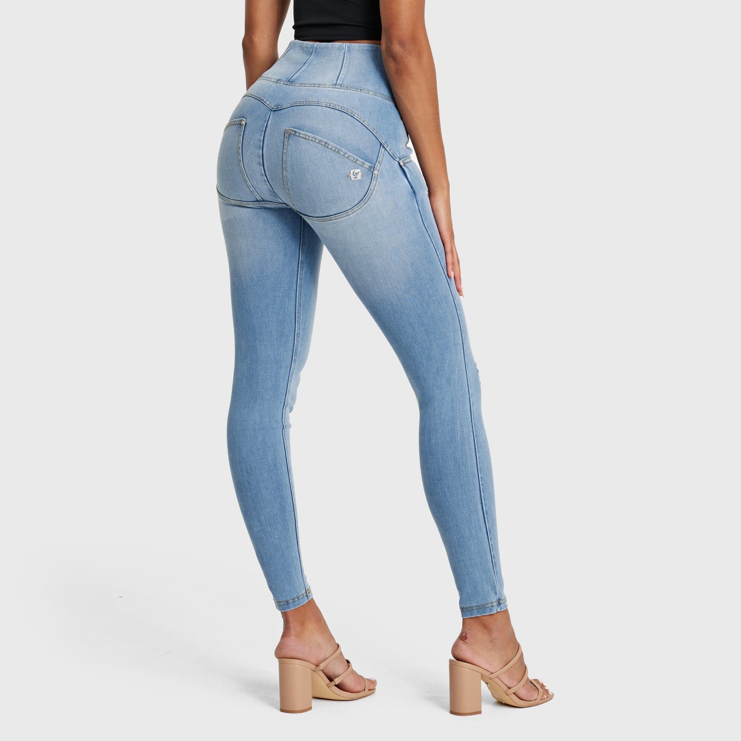 WR.UP® Snug Distressed Jeans - High Waisted - Full Length - Light Blue + Yellow Stitching