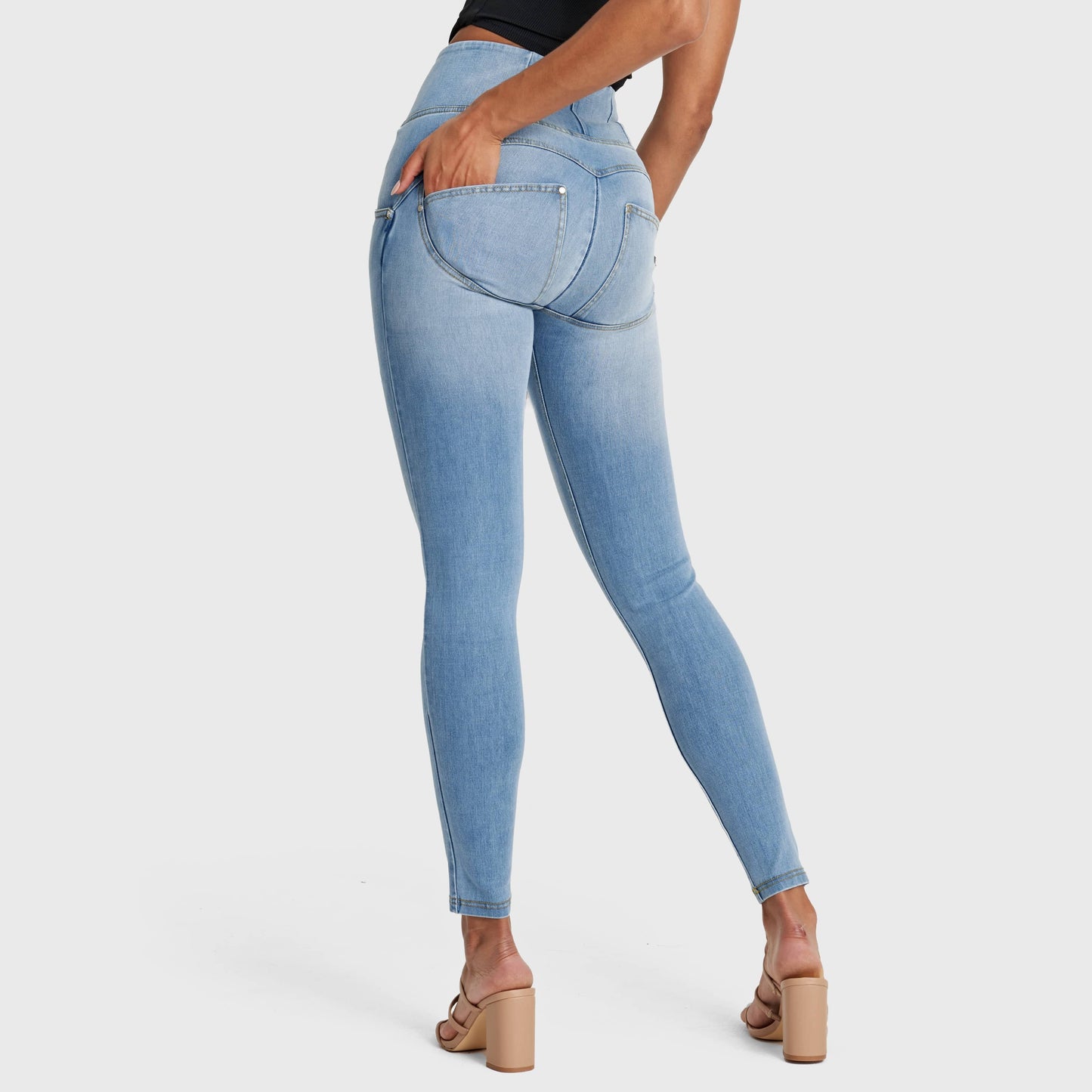 WR.UP® Snug Distressed Jeans - High Waisted - Full Length - Light Blue + Yellow Stitching