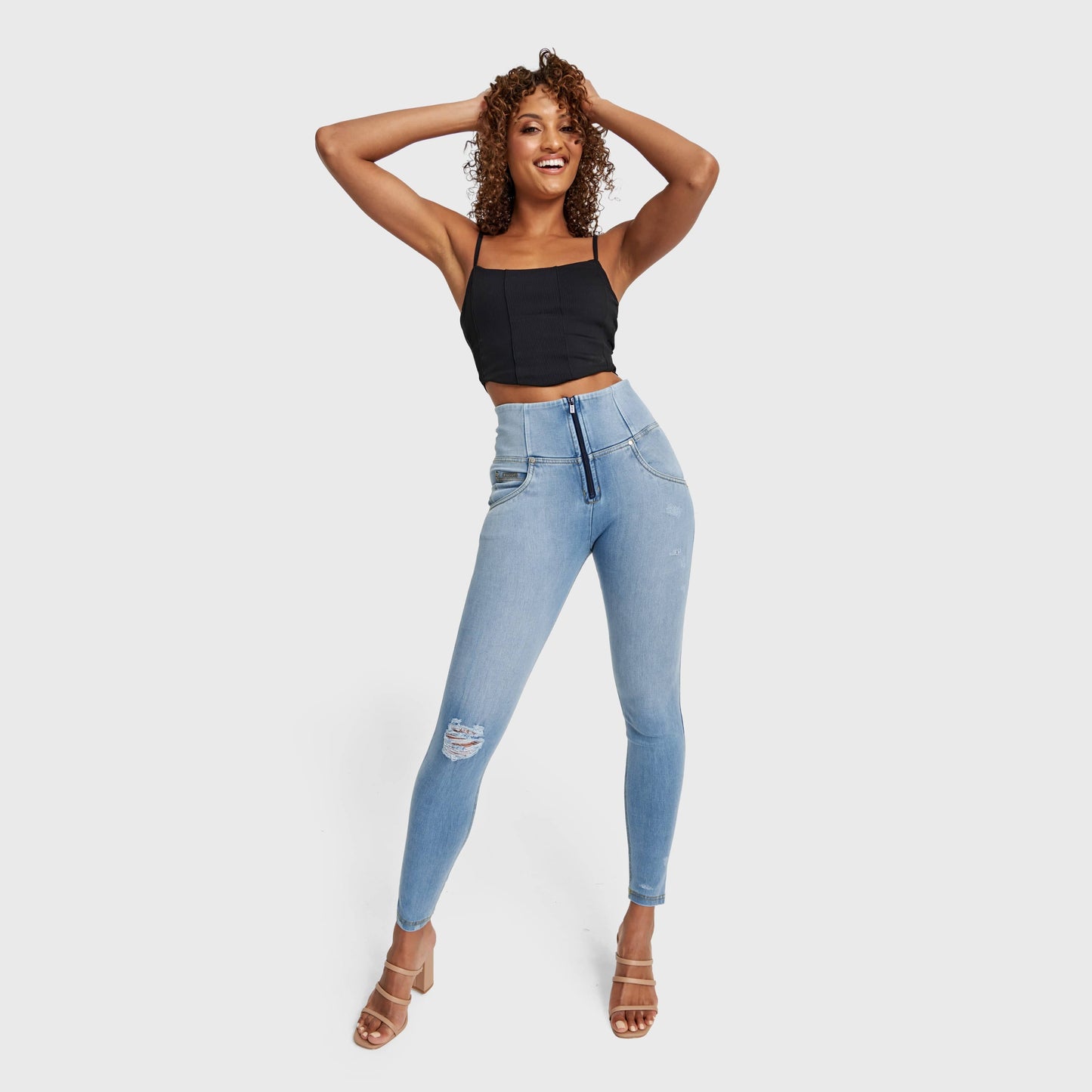 WR.UP® Snug Distressed Jeans - High Waisted - Full Length - Light Blue + Yellow Stitching