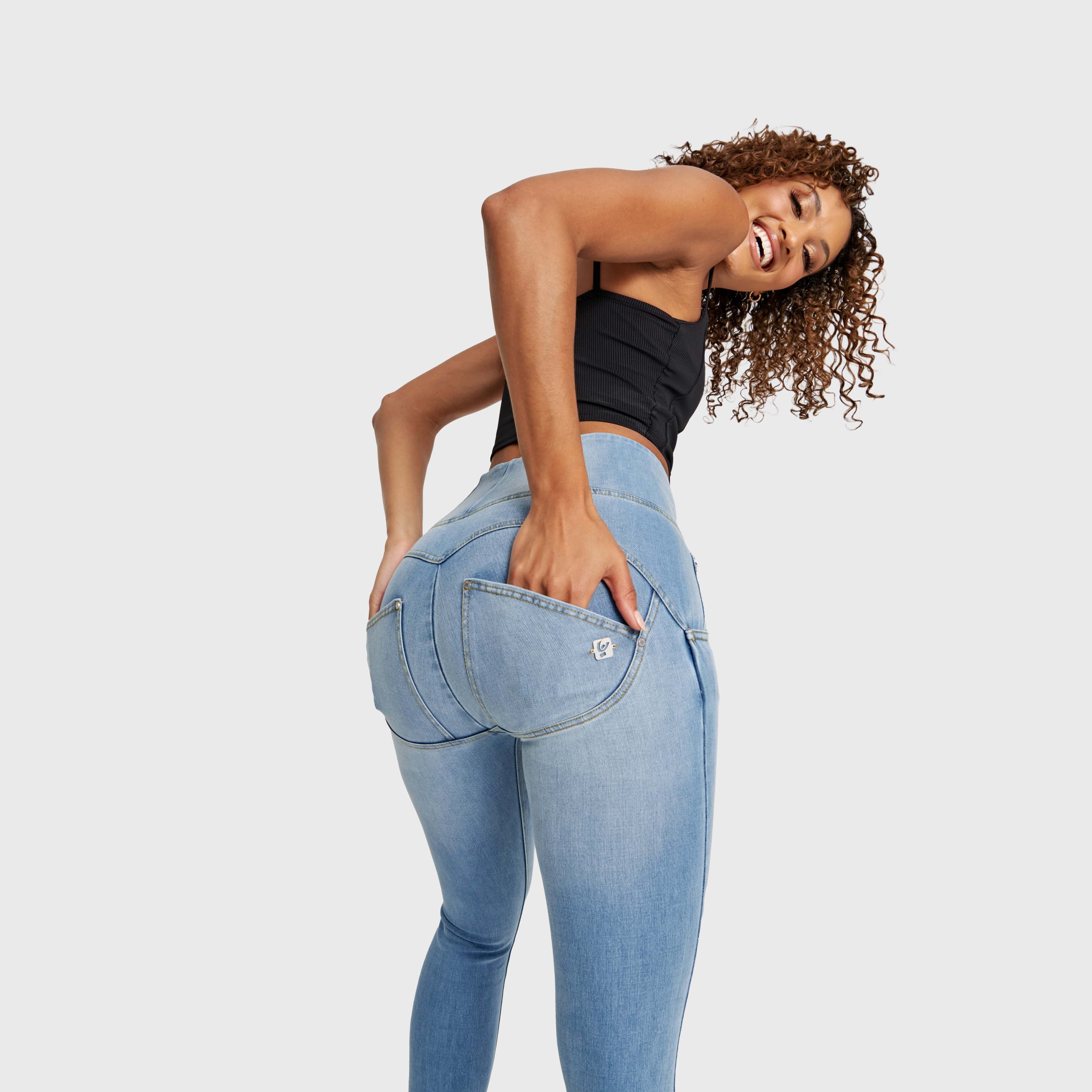 WR.UP® Snug Distressed Jeans - High Waisted - Full Length - Light Blue + Yellow Stitching