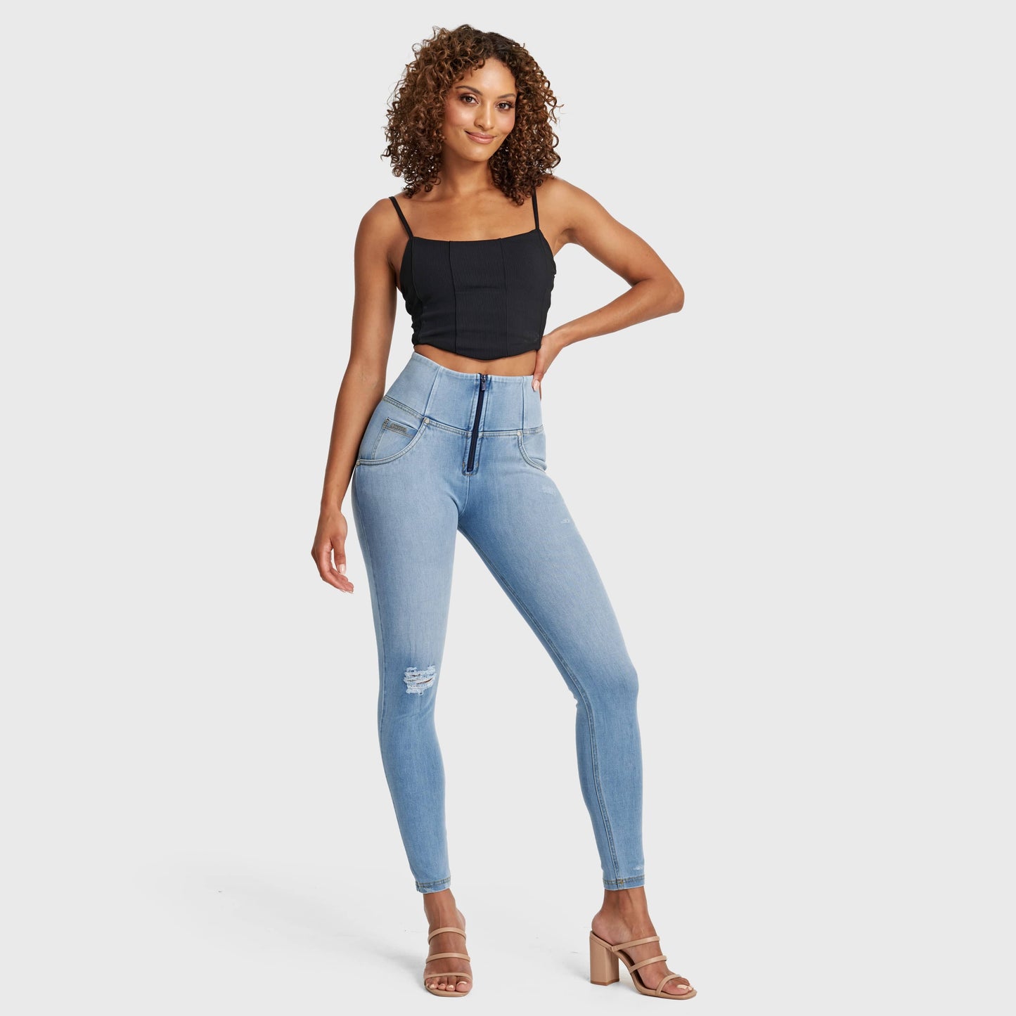 WR.UP® Snug Distressed Jeans - High Waisted - Full Length - Light Blue + Yellow Stitching