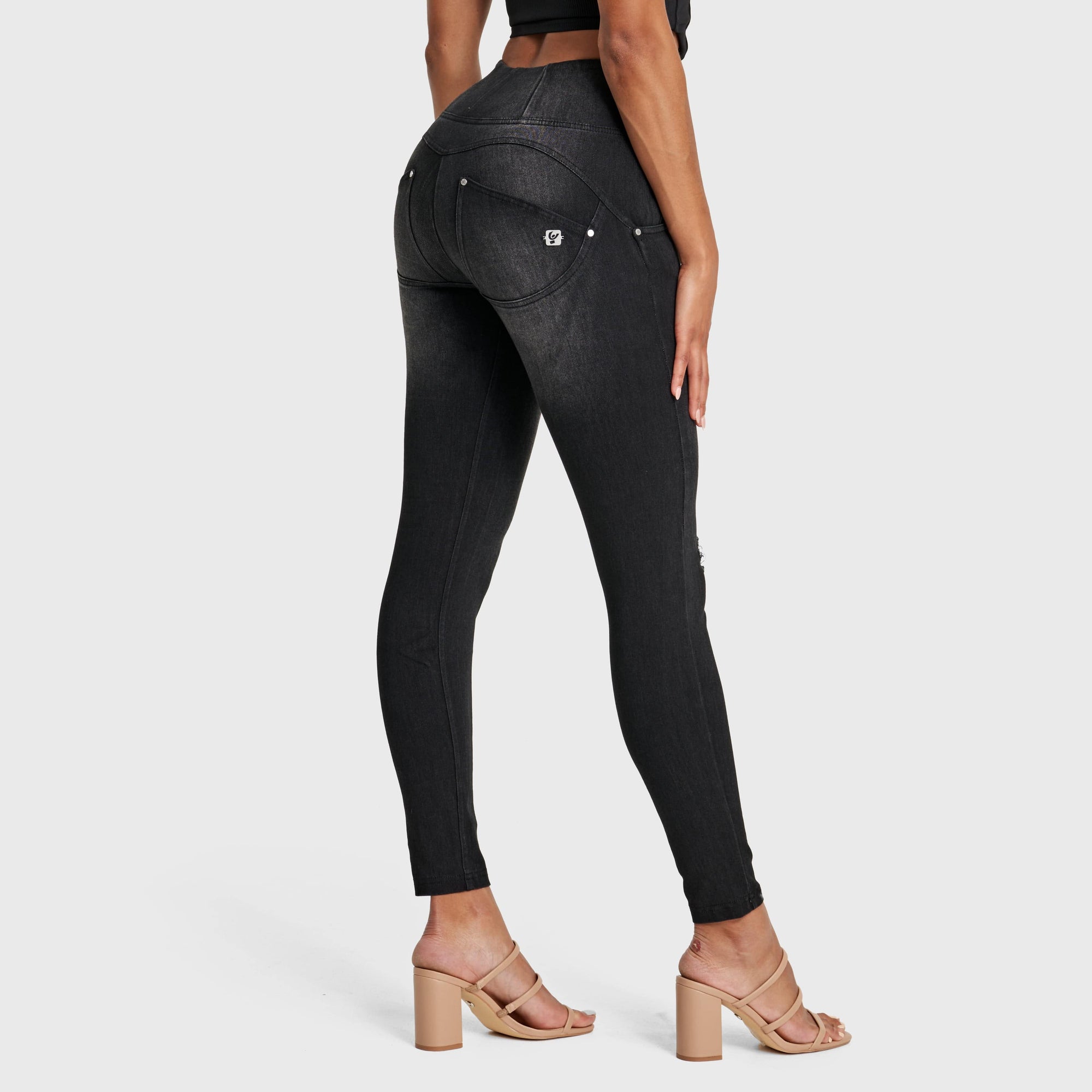 WR.UP® Snug Distressed Jeans - High Waisted - Full Length - Black + Black Stitching