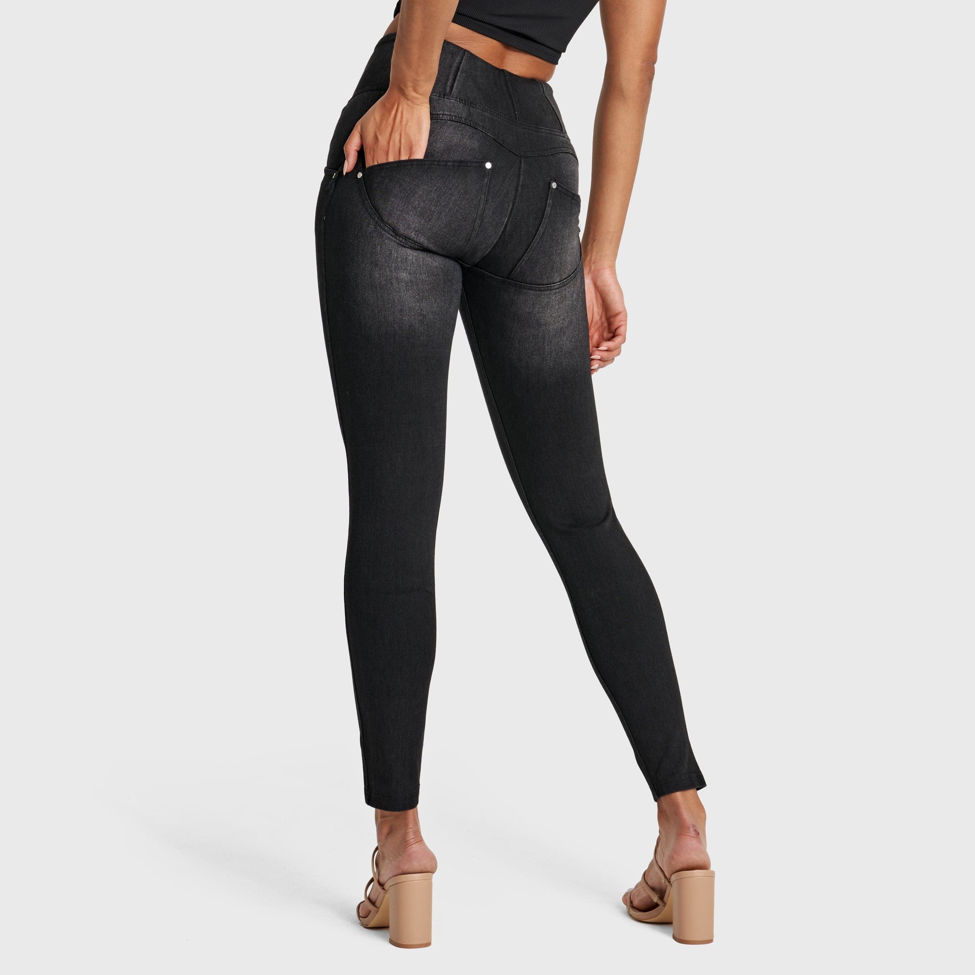 WR.UP® Snug Distressed Jeans - High Waisted - Full Length - Black + Black Stitching