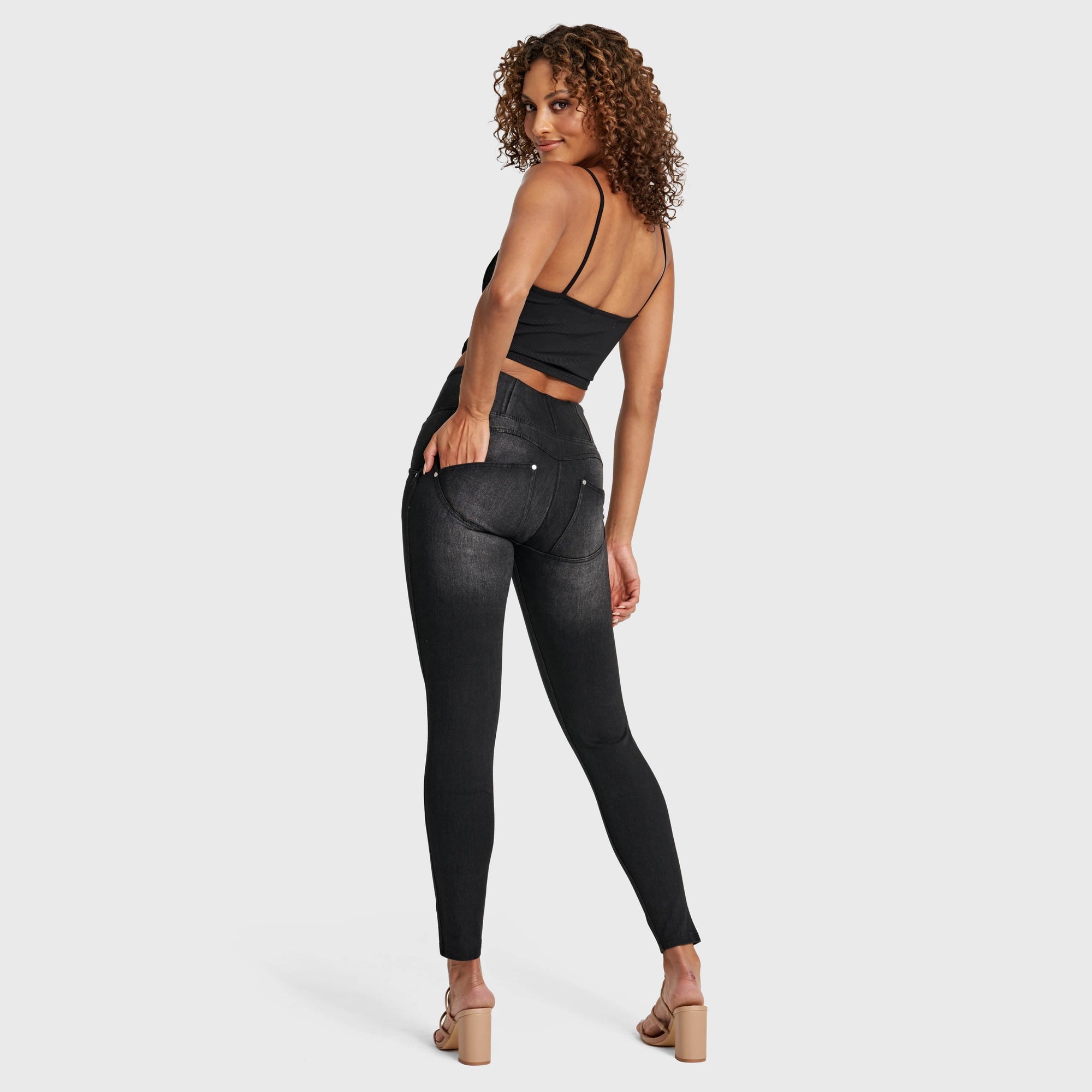 WR.UP® Snug Distressed Jeans - High Waisted - Full Length - Black + Black Stitching