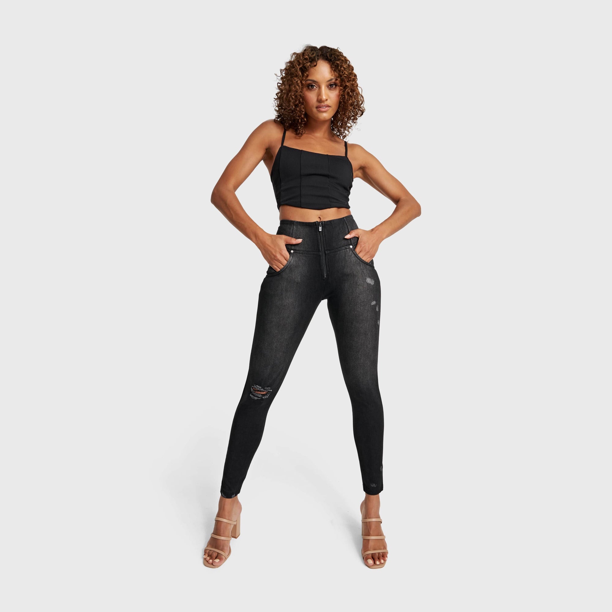 WR.UP® Snug Distressed Jeans - High Waisted - Full Length - Black + Black Stitching