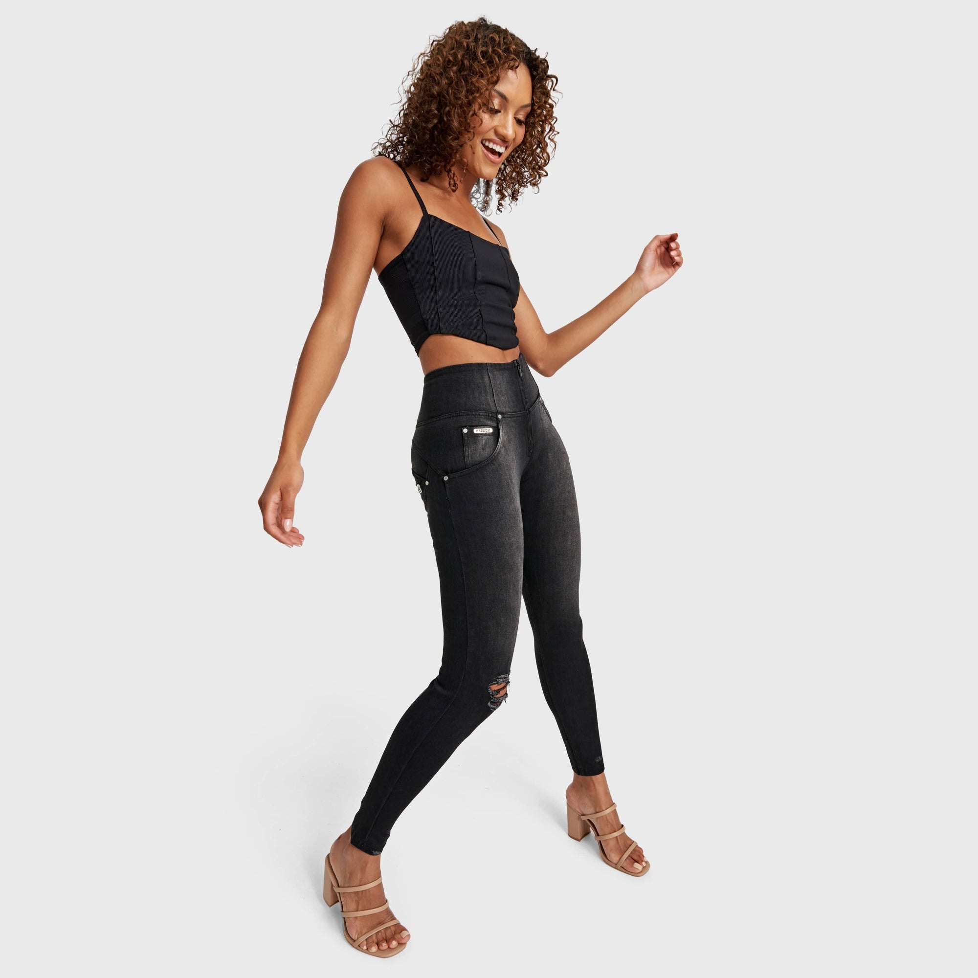 WR.UP® Snug Distressed Jeans - High Waisted - Full Length - Black + Black Stitching