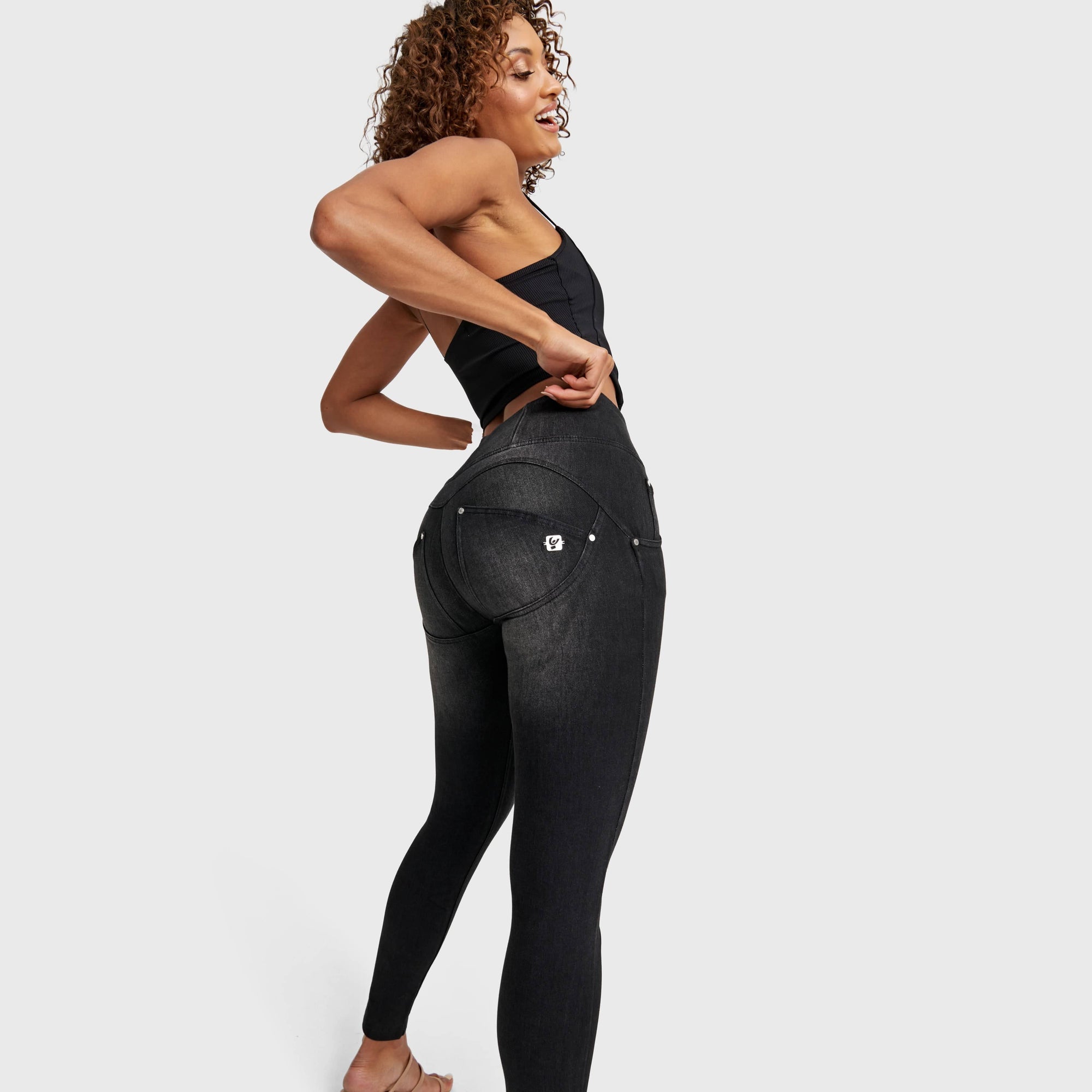 WR.UP® Snug Distressed Jeans - High Waisted - Full Length - Black + Black Stitching