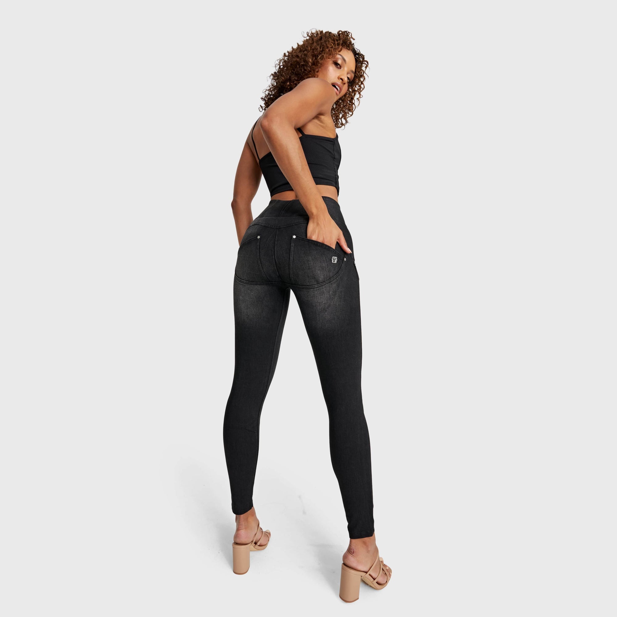 WR.UP® Snug Distressed Jeans - High Waisted - Full Length - Black + Black Stitching