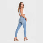 بنطلون جينز ضيق من WR.UP® - خصر مرتفع - طول كامل - أزرق فاتح + خياطة صفراء