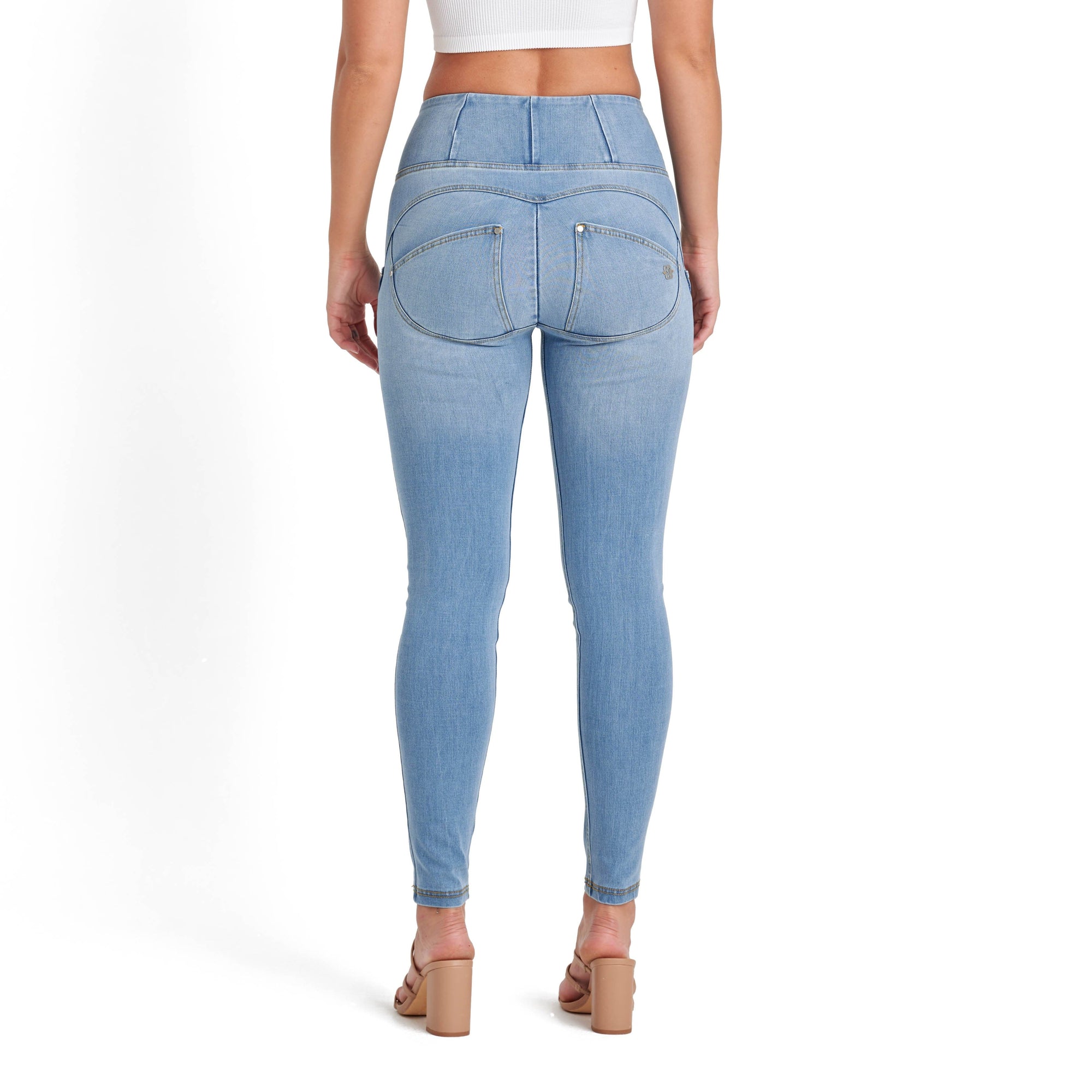 WR.UP® Snug Jeans - High Waisted - Full Length - Light Blue + Yellow Stitching