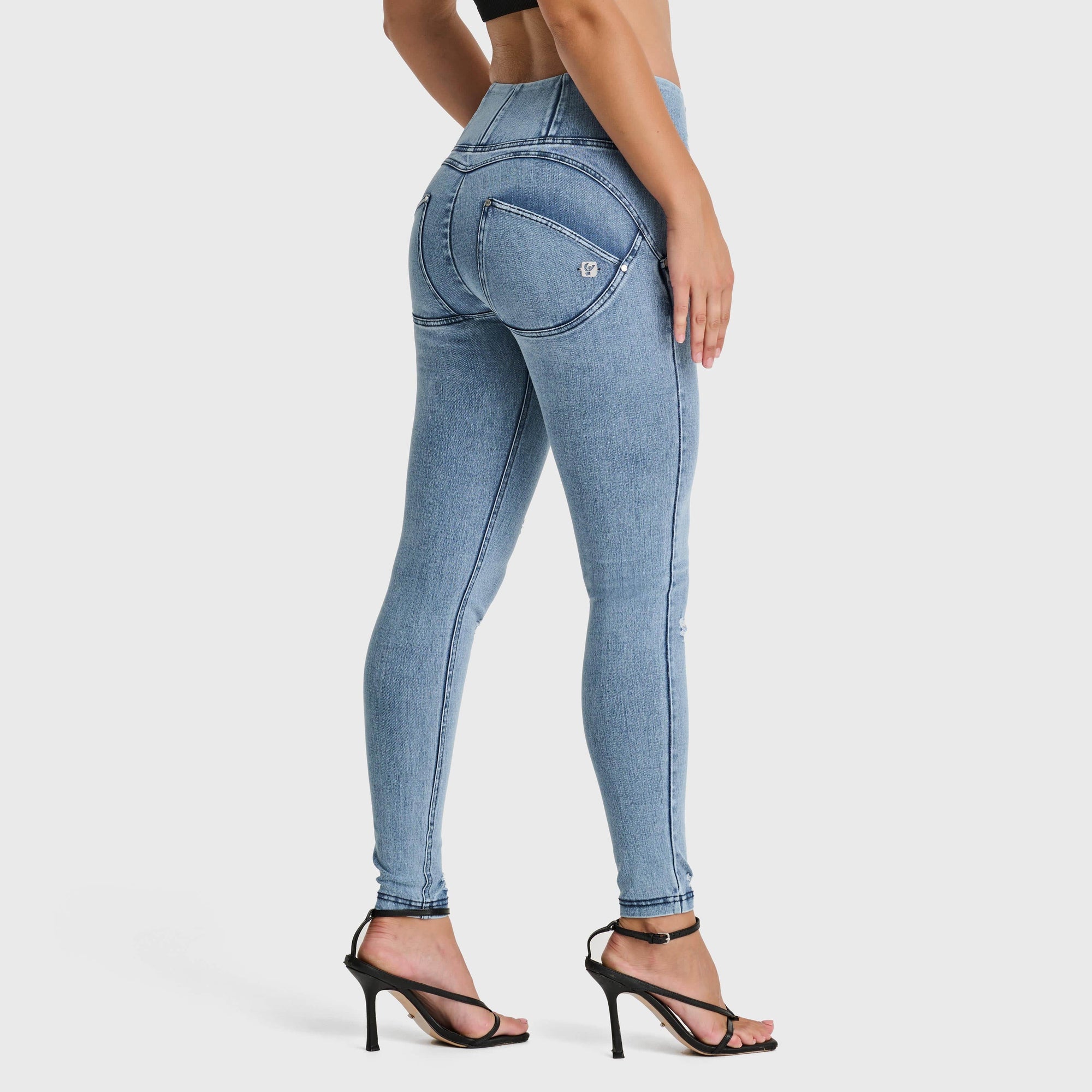 WR.UP® Snug Distressed Jeans - High Waisted - Full Length - Light Blue + Blue Stitching