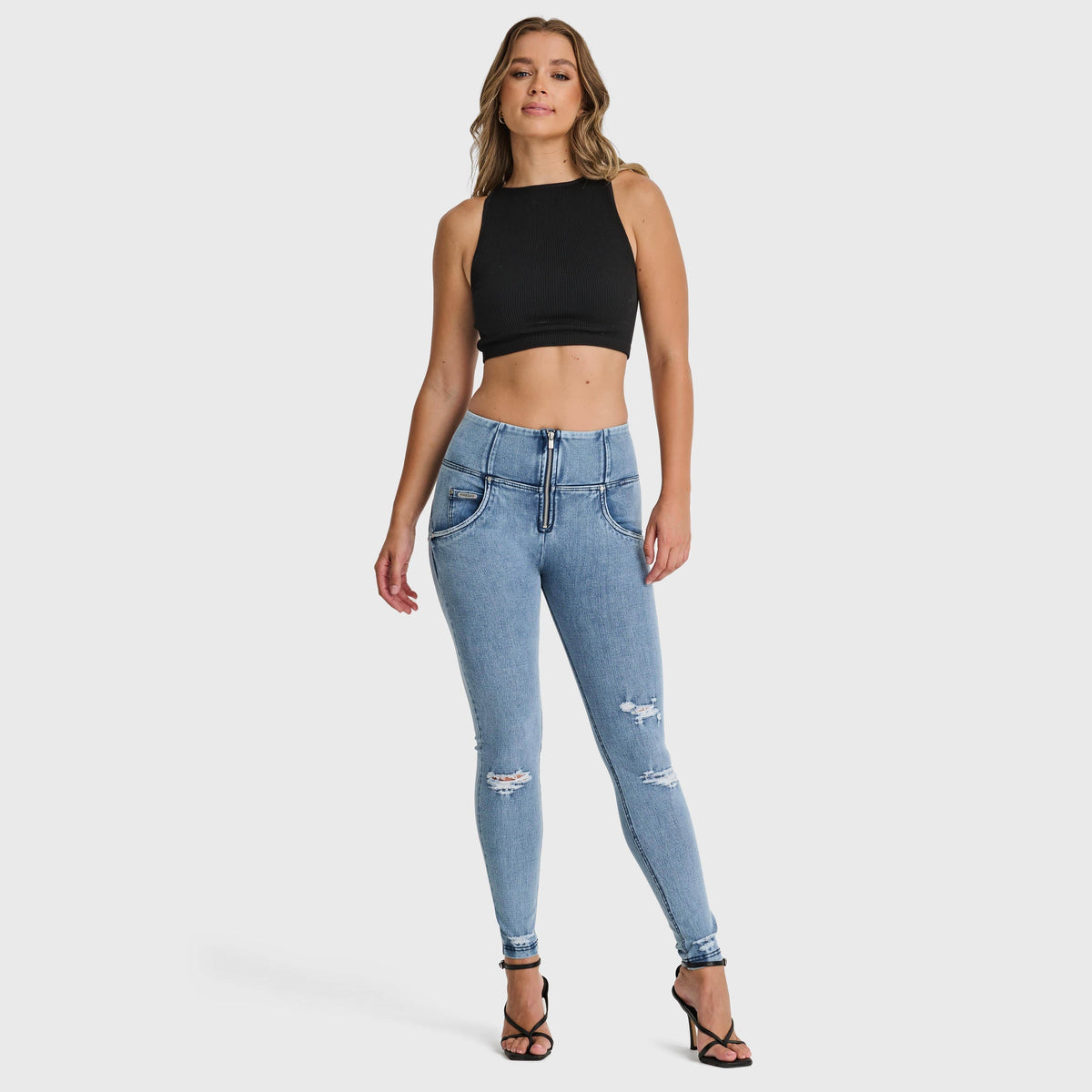 WR.UP® Snug Distressed Jeans - High Waisted - Full Length - Light Blue + Blue Stitching