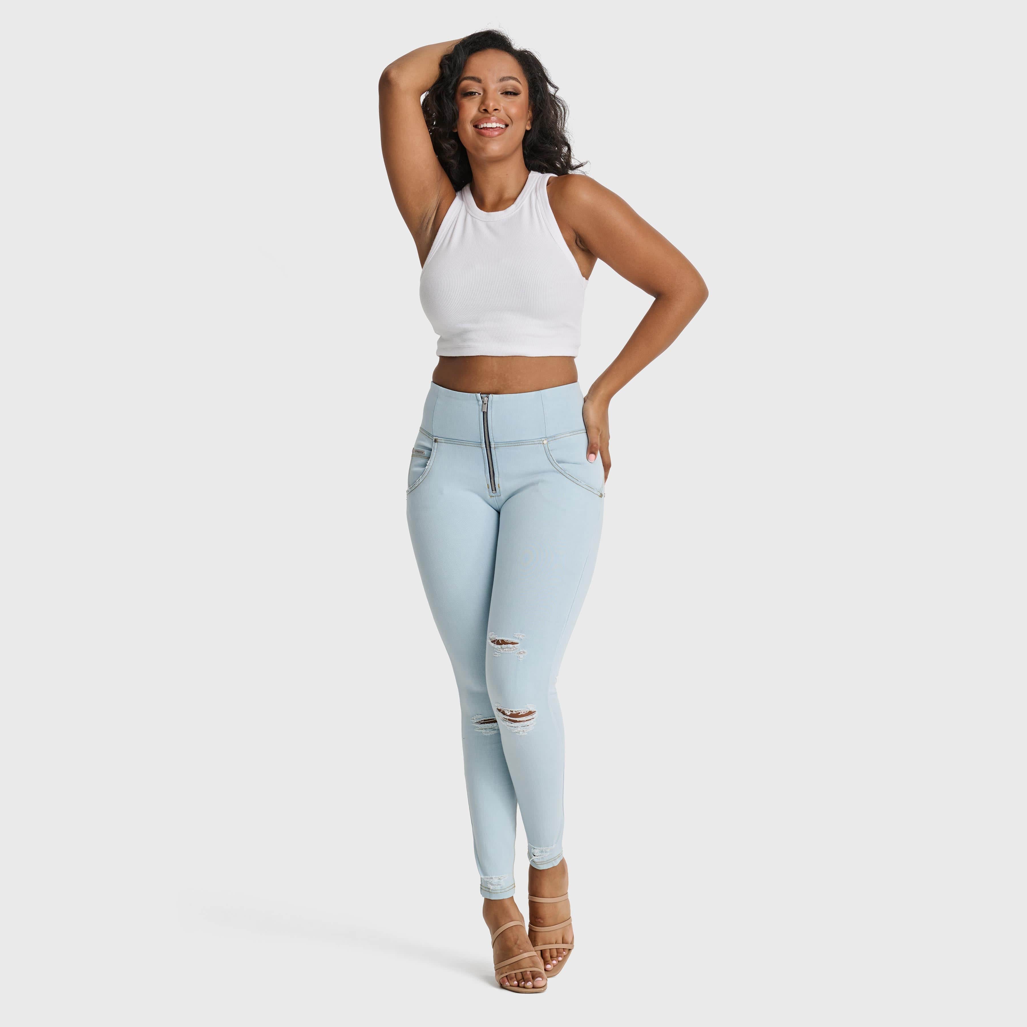 WR.UP® Snug Distressed Jeans - High Waisted - Full Length - Baby Blue + Yellow Stitching