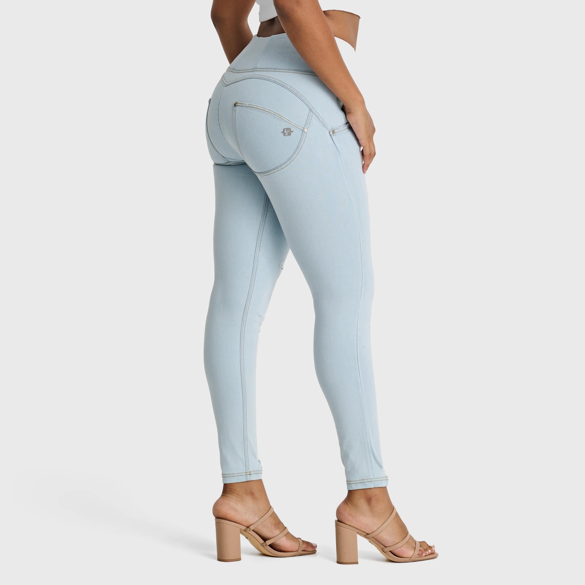 WR.UP® Snug Distressed Jeans - High Waisted - Full Length - Baby Blue + Yellow Stitching