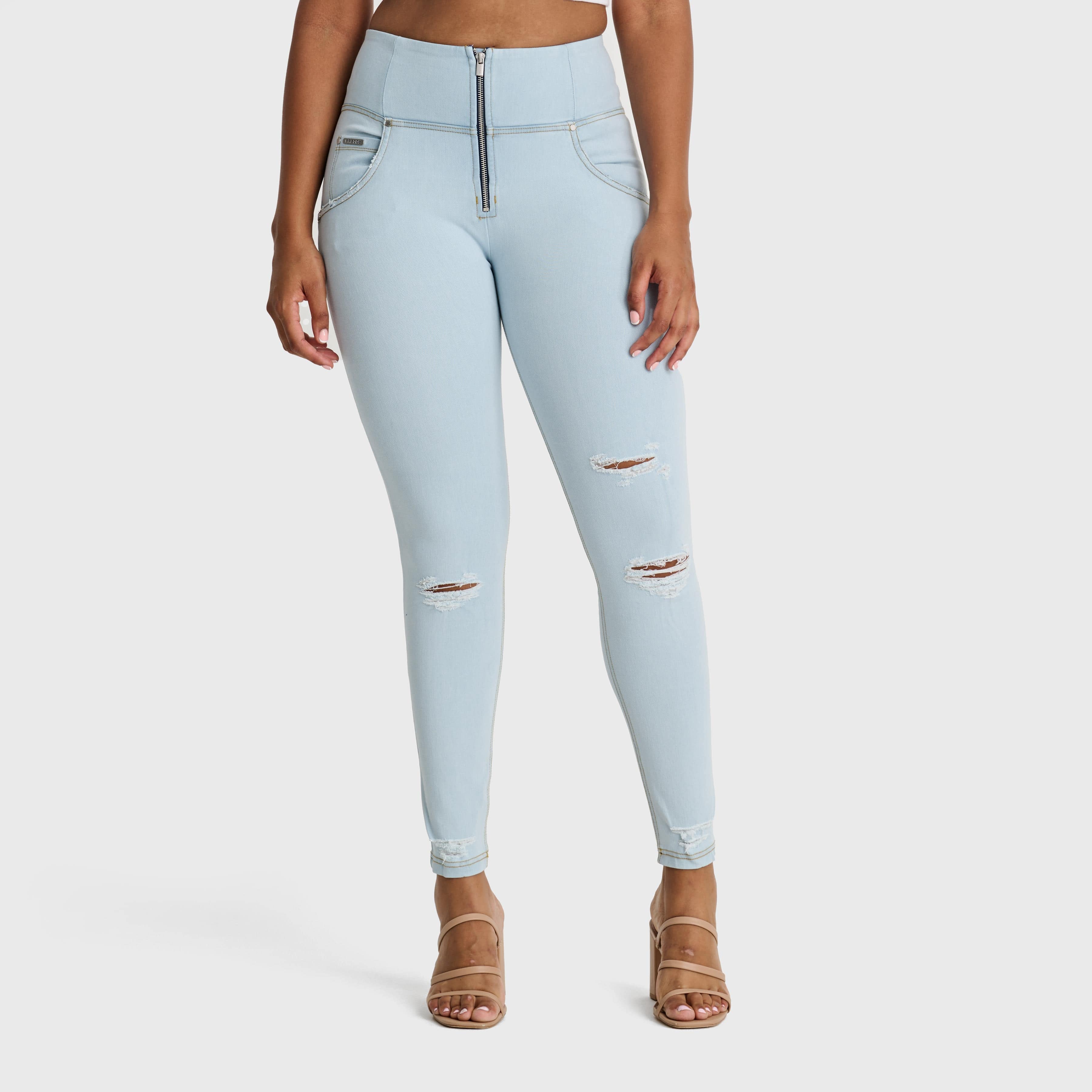 WR.UP® Snug Distressed Jeans - High Waisted - Full Length - Baby Blue + Yellow Stitching