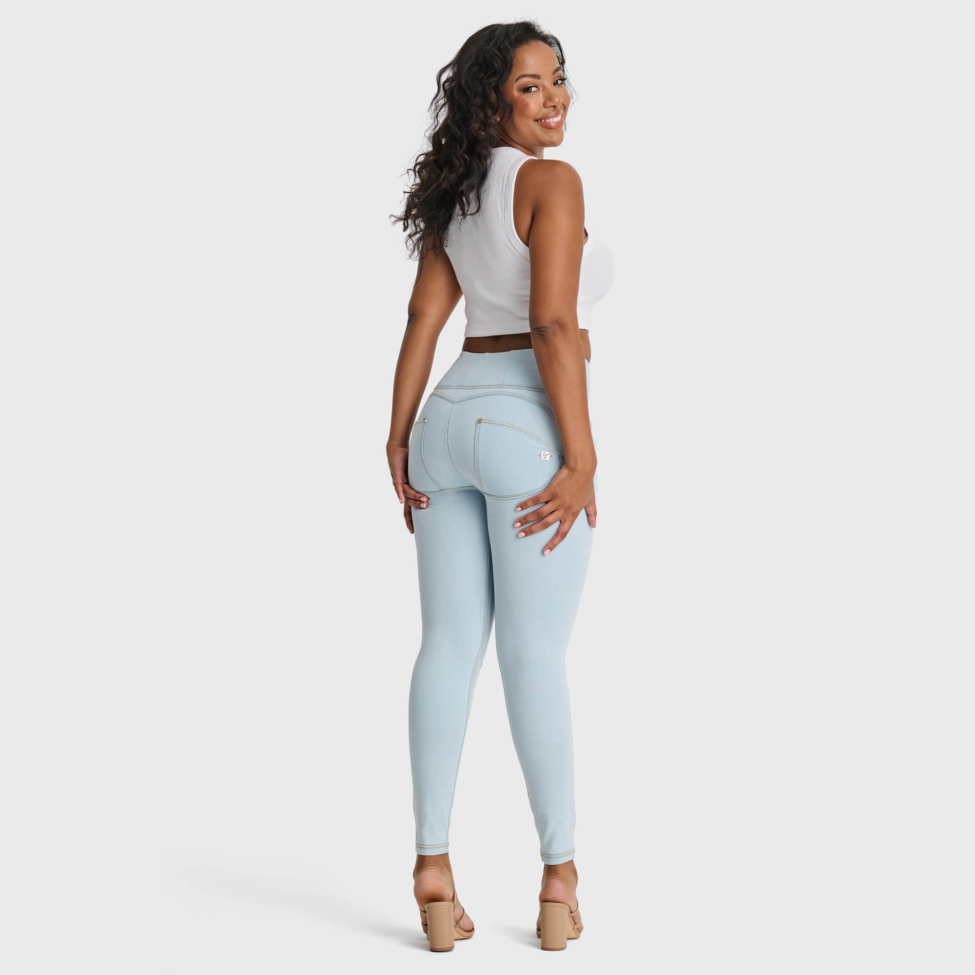 WR.UP® Snug Distressed Jeans - High Waisted - Full Length - Baby Blue + Yellow Stitching