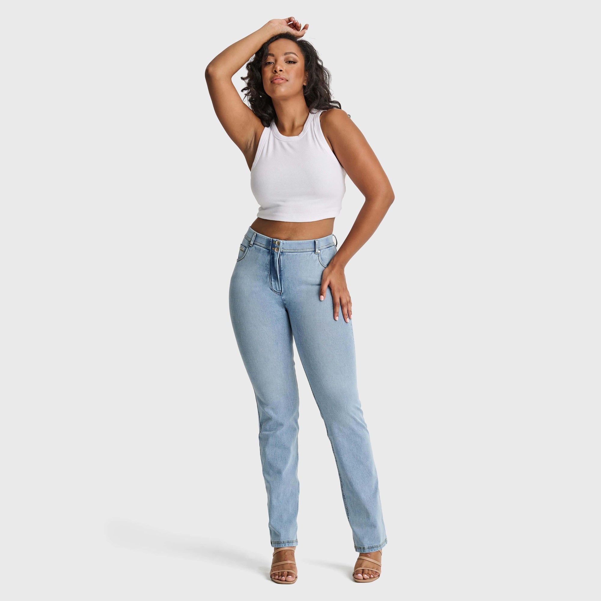 WR.UP® Snug Jeans - 2 Button High Waisted - Bootcut - Light Blue + Yellow Stitching