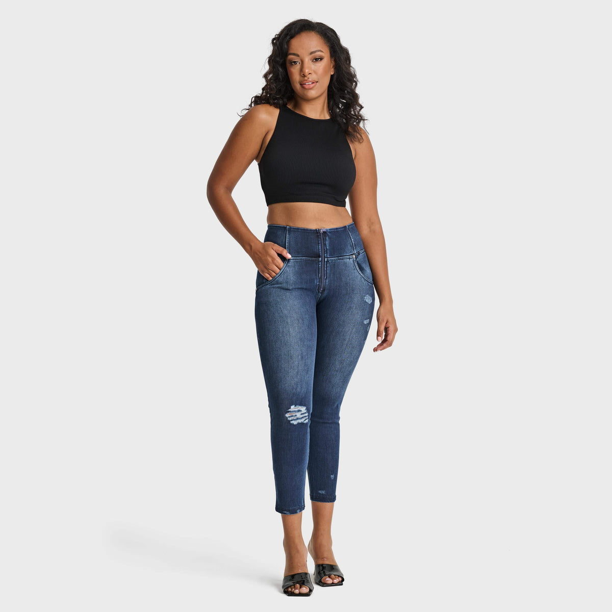 WR.UP® Snug Distressed Jeans - High Waisted - 7/8 Length - Dark Blue + Blue Stitching