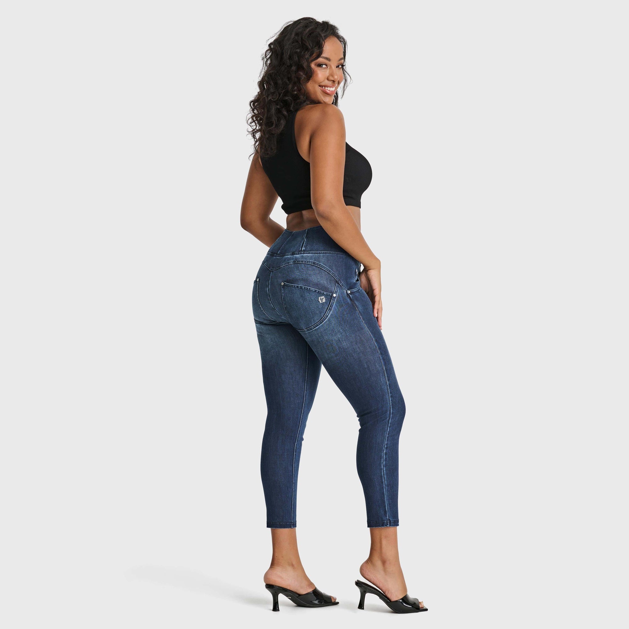 WR.UP® Snug Distressed Jeans - High Waisted - 7/8 Length - Dark Blue + Blue Stitching