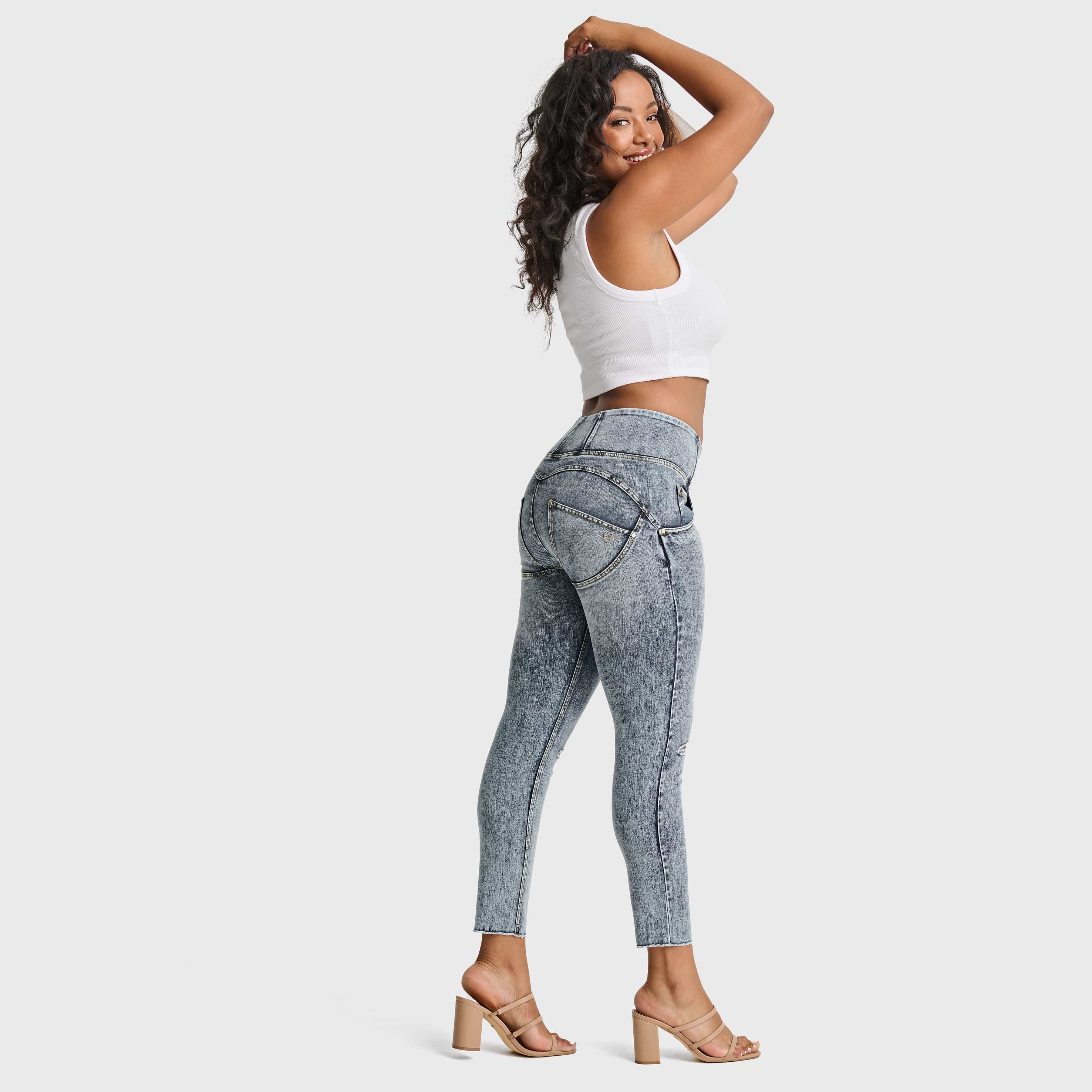 WR.UP® Snug Ripped Jeans - High Waisted - 7/8 Length - Blue Stonewash + Yellow Stitching