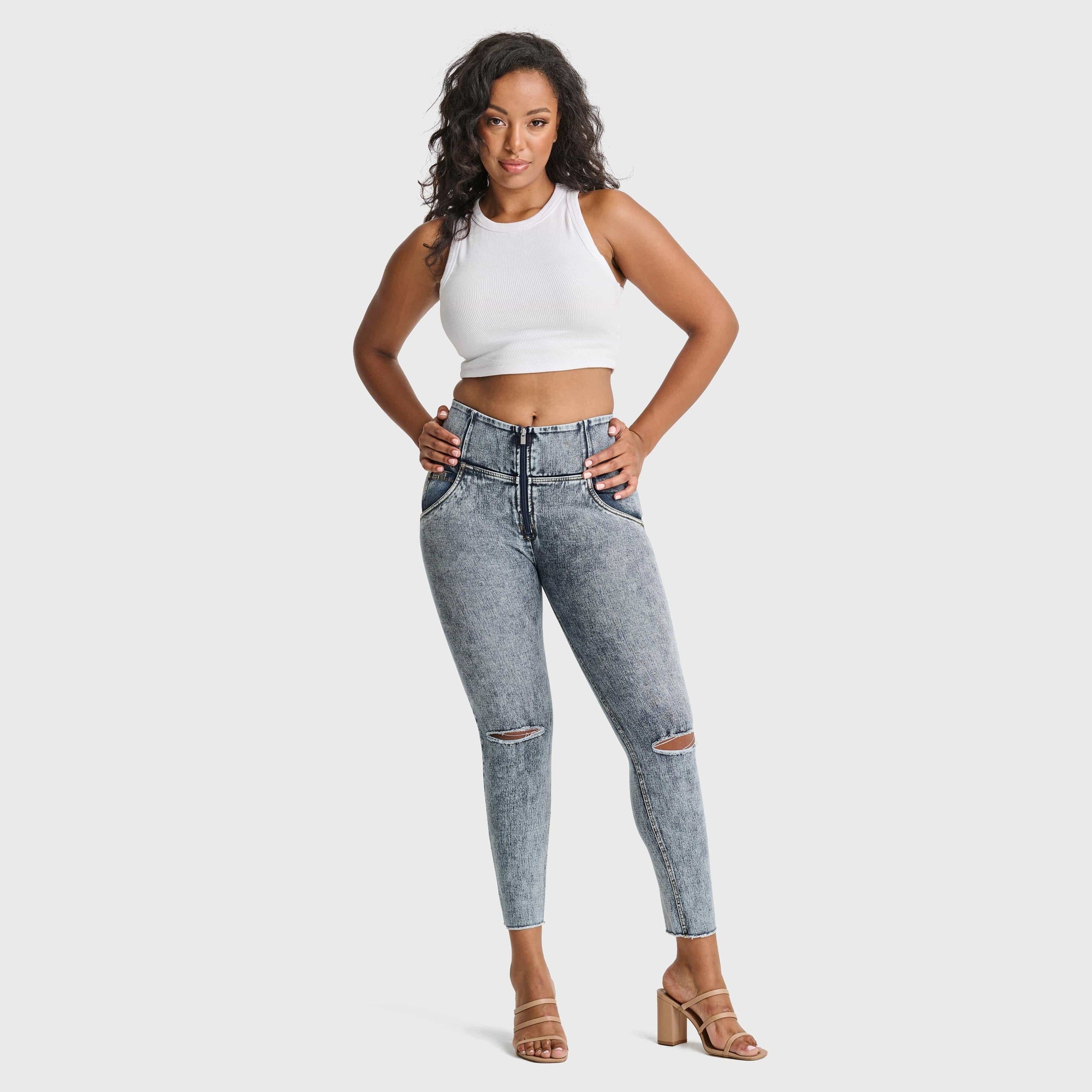 WR.UP® Snug Ripped Jeans - High Waisted - 7/8 Length - Blue Stonewash + Yellow Stitching