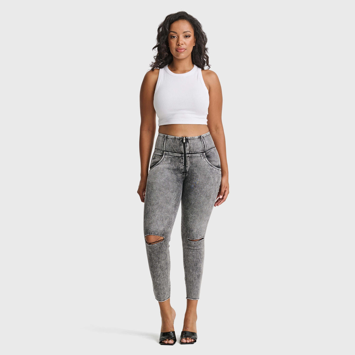 WR.UP® Snug Ripped Jeans - High Waisted - 7/8 Length - Grey Stonewash + Grey Stitching