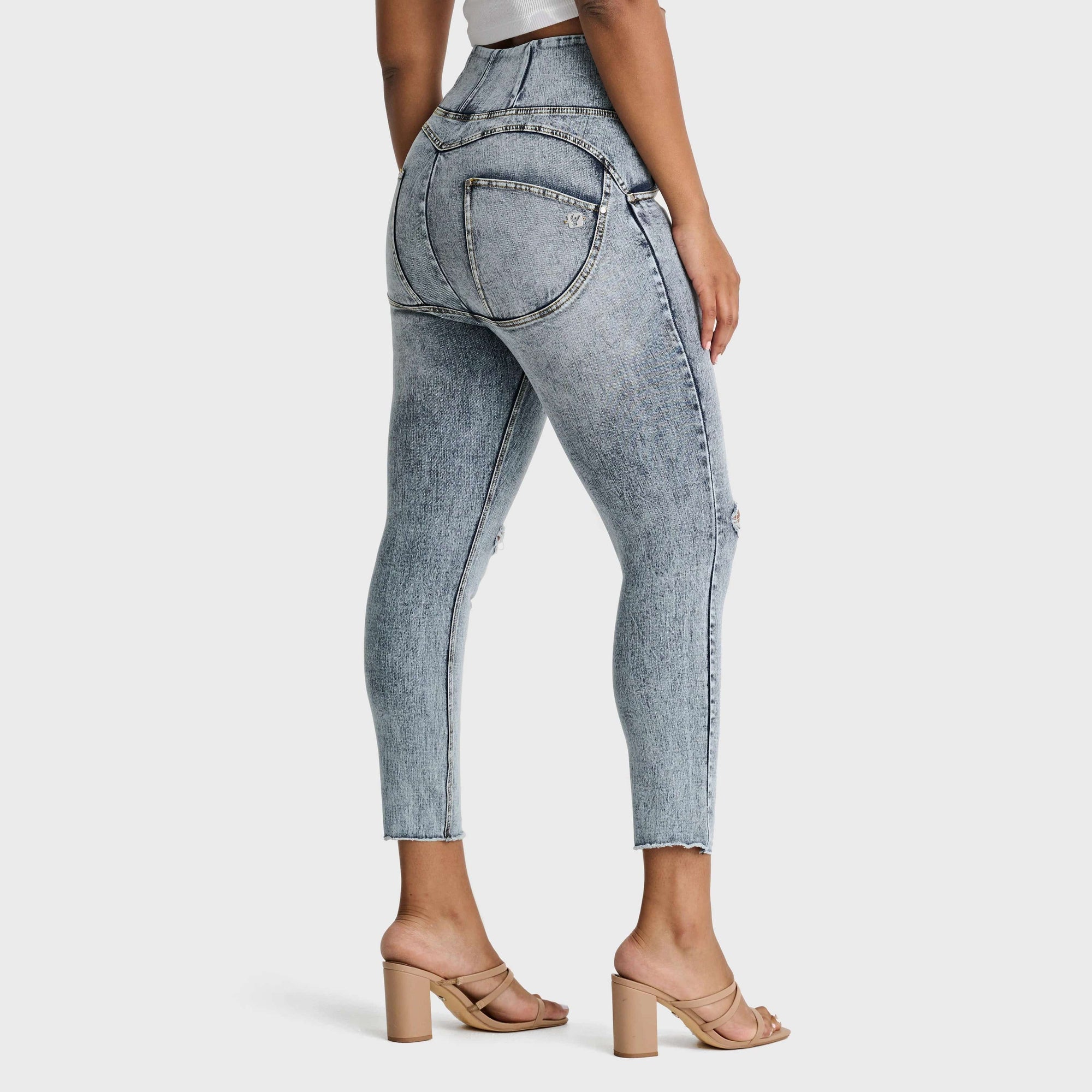 WR.UP® Snug Curvy Ripped Jeans - High Waisted - 7/8 Length - Blue Stonewash + Yellow Stitching