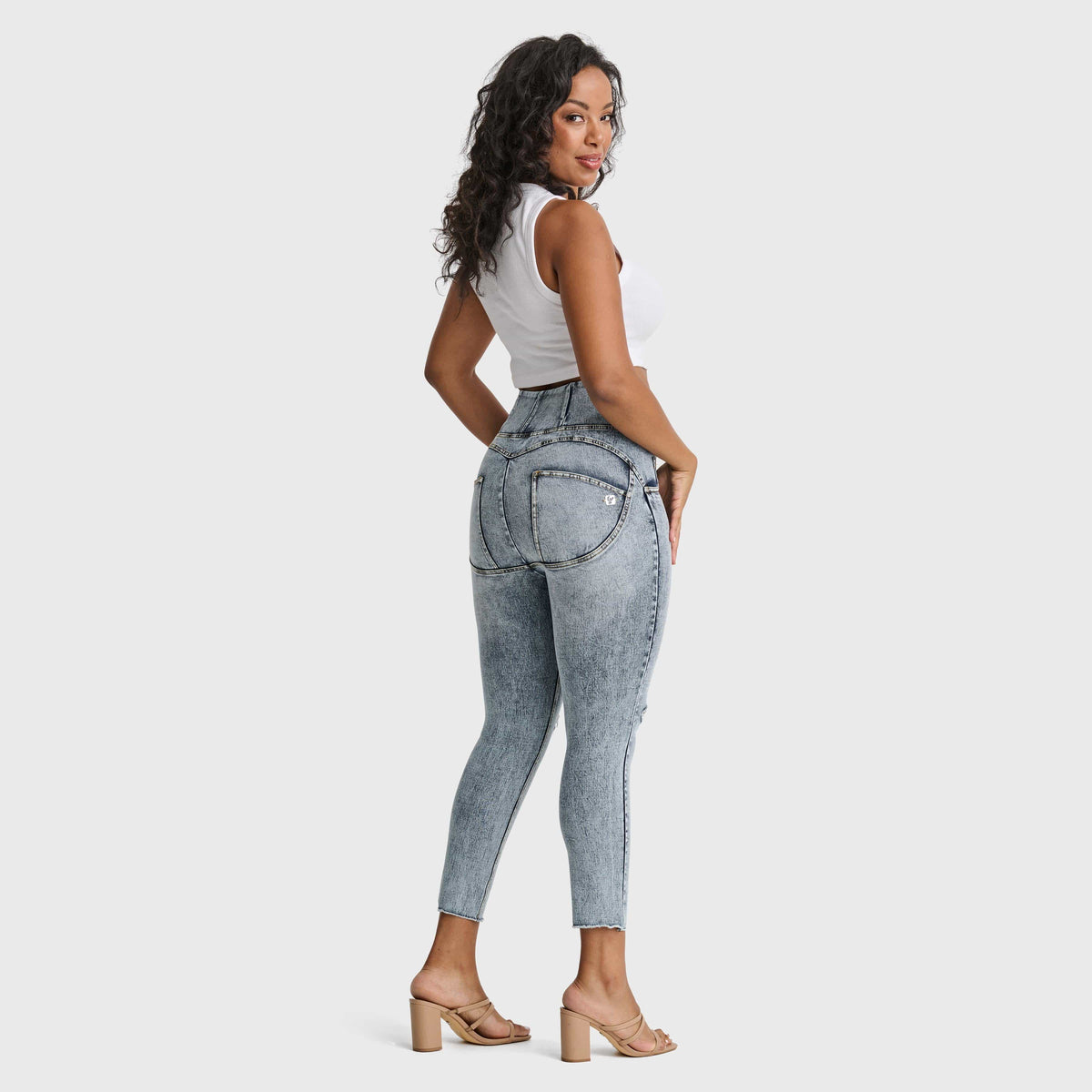 WR.UP® Snug Curvy Ripped Jeans - High Waisted - 7/8 Length - Blue Stonewash + Yellow Stitching