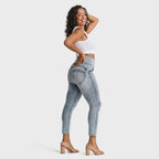 بنطلون جينز ممزق ضيق من WR.UP® - خصر مرتفع - طول 7/8 - لون أزرق فاتح مع خياطة صفراء