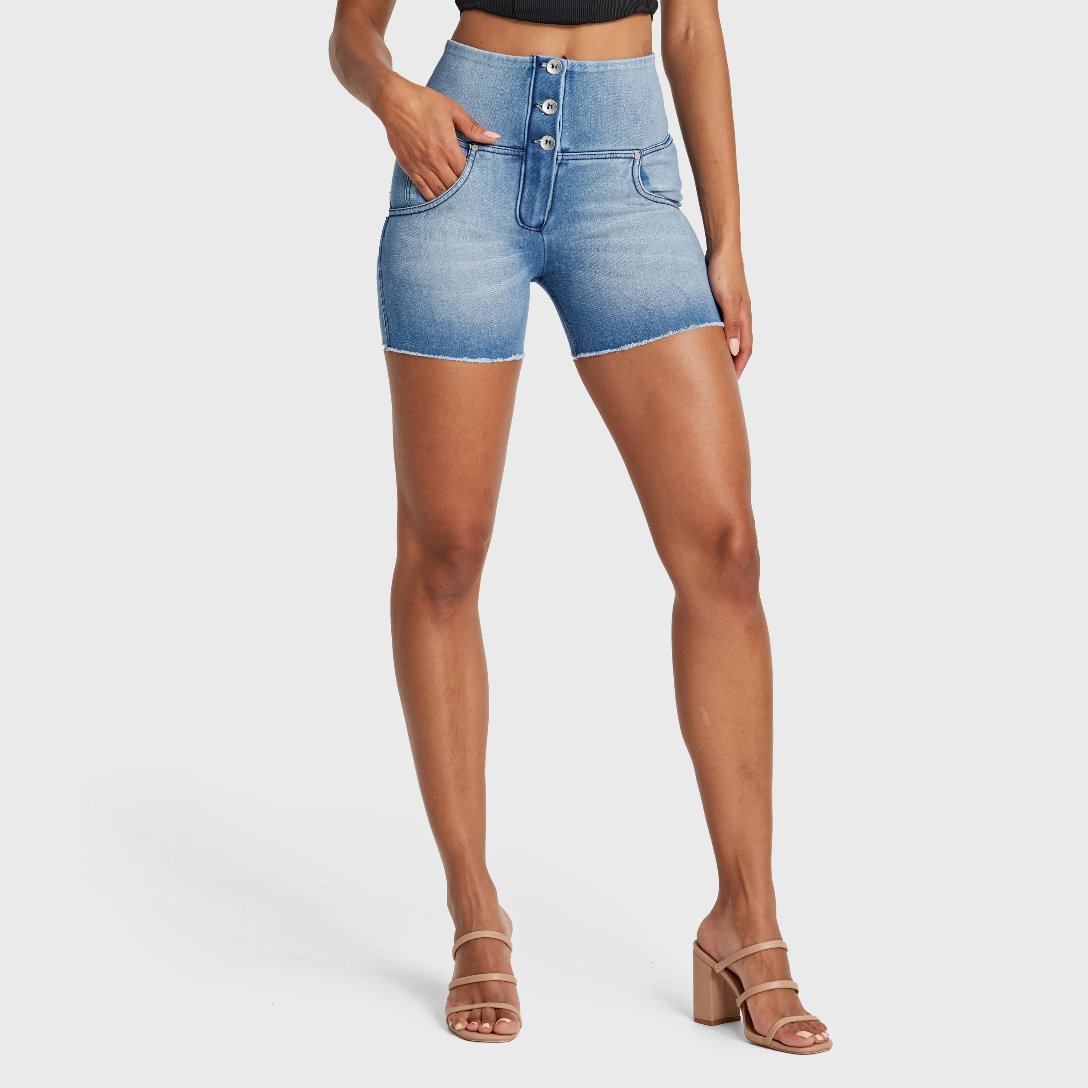 WR.UP® Snug Jeans - 3 Button High Waisted - Shorts - Light Blue + Blue Stitching