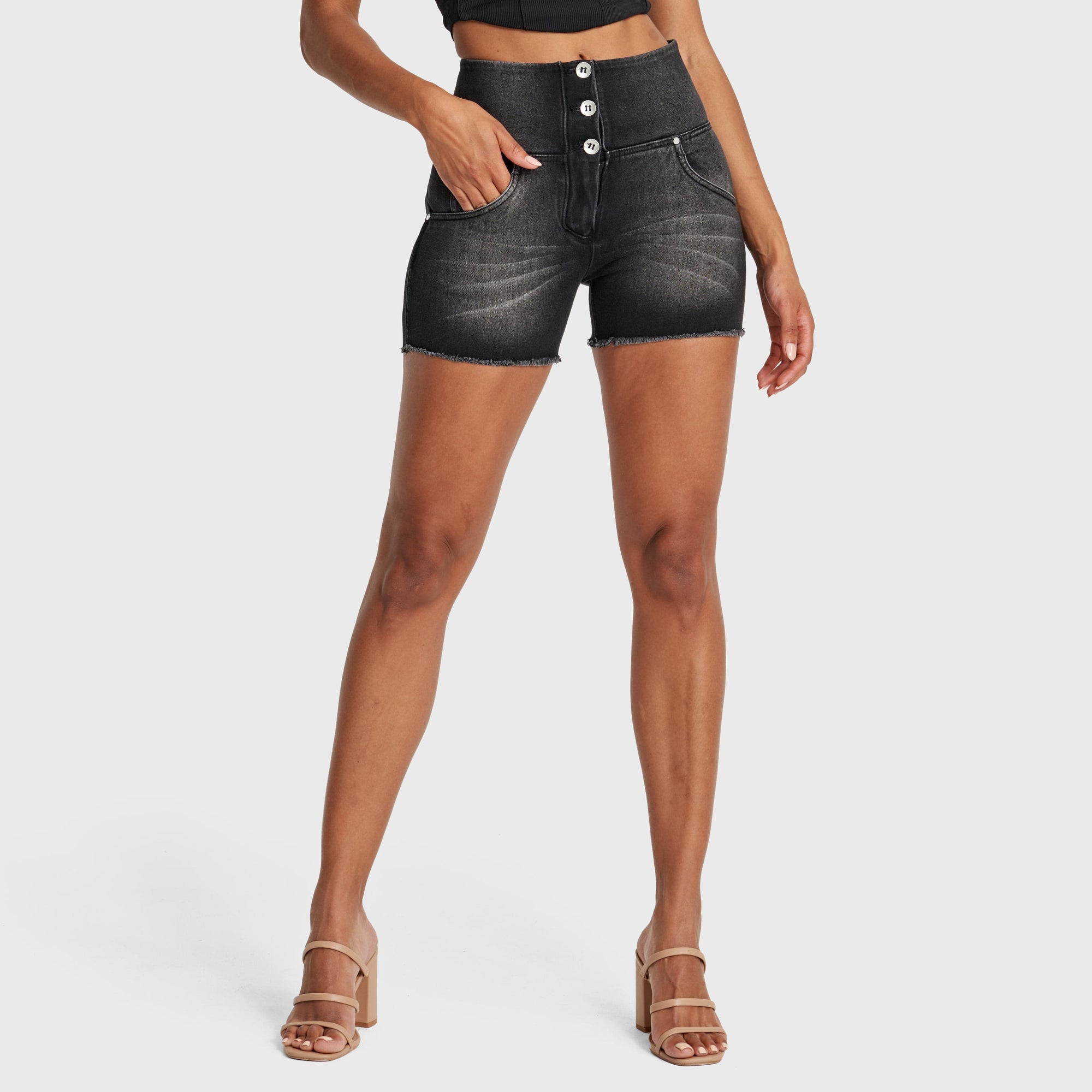 WR.UP® Snug Jeans - 3 Button High Waisted - Shorts - Black + Black Stitching