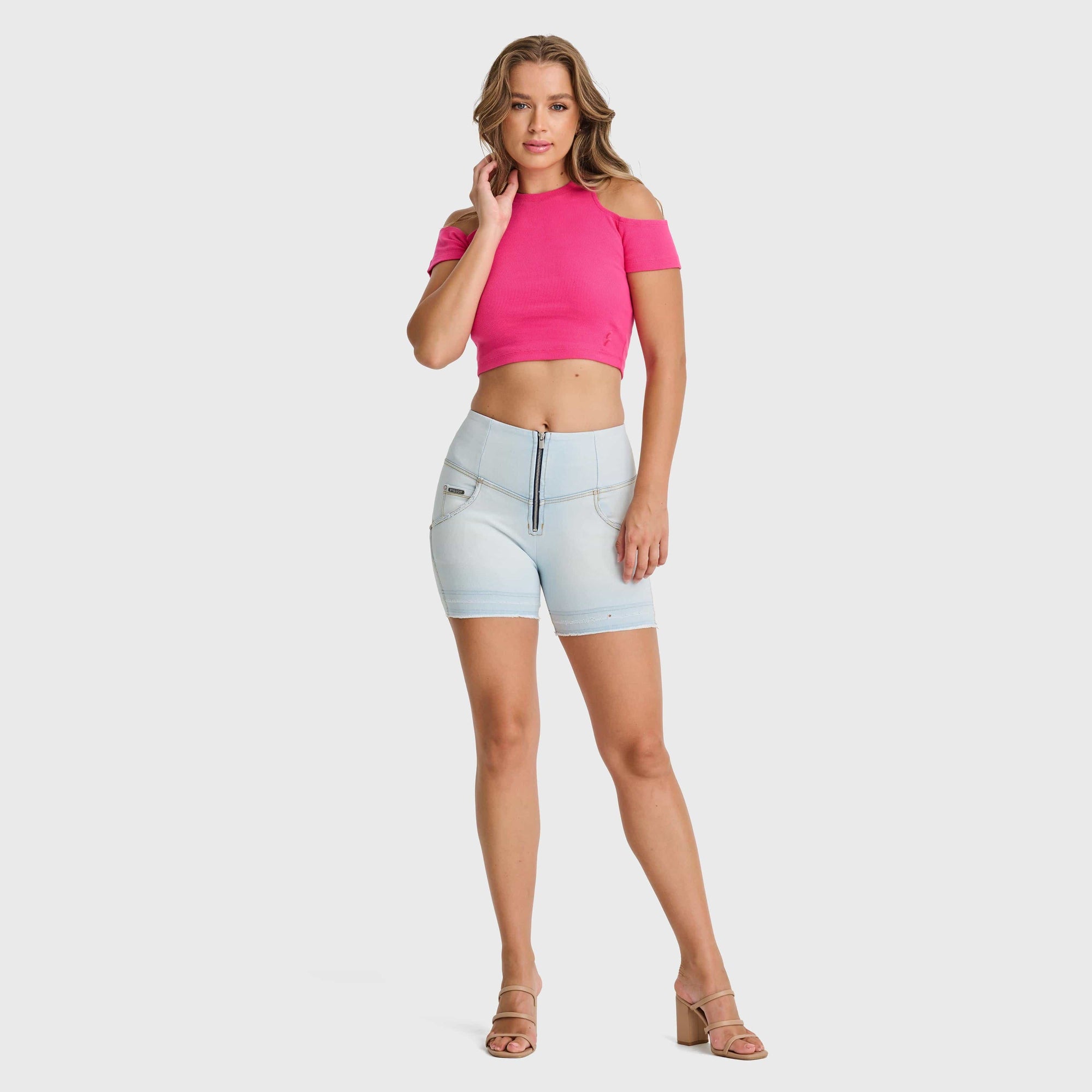 WR.UP® Snug Jeans - High Waisted - Shorts - Baby Blue + Yellow Stitching