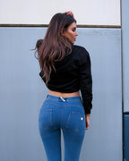 جينز WR.UP® - خصر متوسط ​​الارتفاع - طول كامل - أزرق فاتح + خياطة صفراء