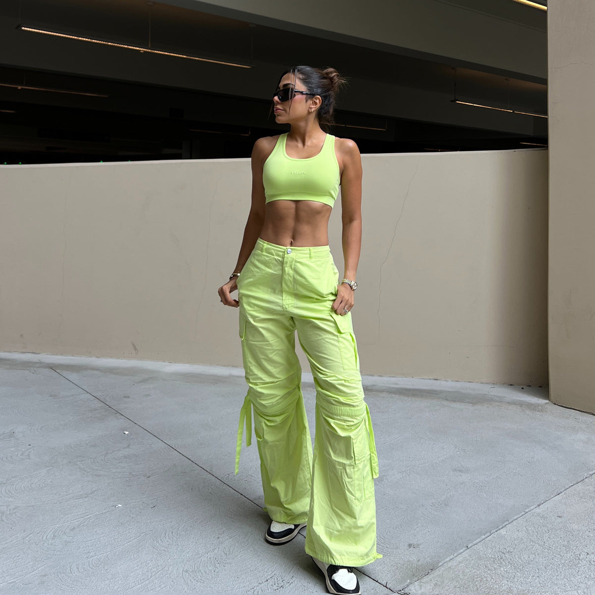 Cargo Pants - High Waisted - Full Length - Lime Green