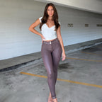 WR.UP® جلد صناعي لامع - خصر مرتفع بزرين - طول كامل - بني شوكولاتة