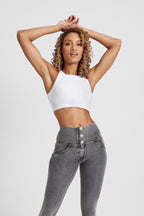 بنطال جينز WR.UP® - بثلاثة أزرار وخصر عالٍ - طول 7/8 - رمادي مع خياطة صفراء