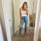 بنطلون جينز WR.UP® ضيق بتصميم ممزق - خصر مرتفع - طول كامل - أزرق فاتح + خياطة صفراء