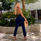 جينز ناو® - خصر مرتفع - تصميم واسع من الأسفل - أزرق داكن مع خياطة صفراء 