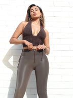 WR.UP جلد مخملي - خصر مرتفع - طول 7/8 - بني شوكولاتة