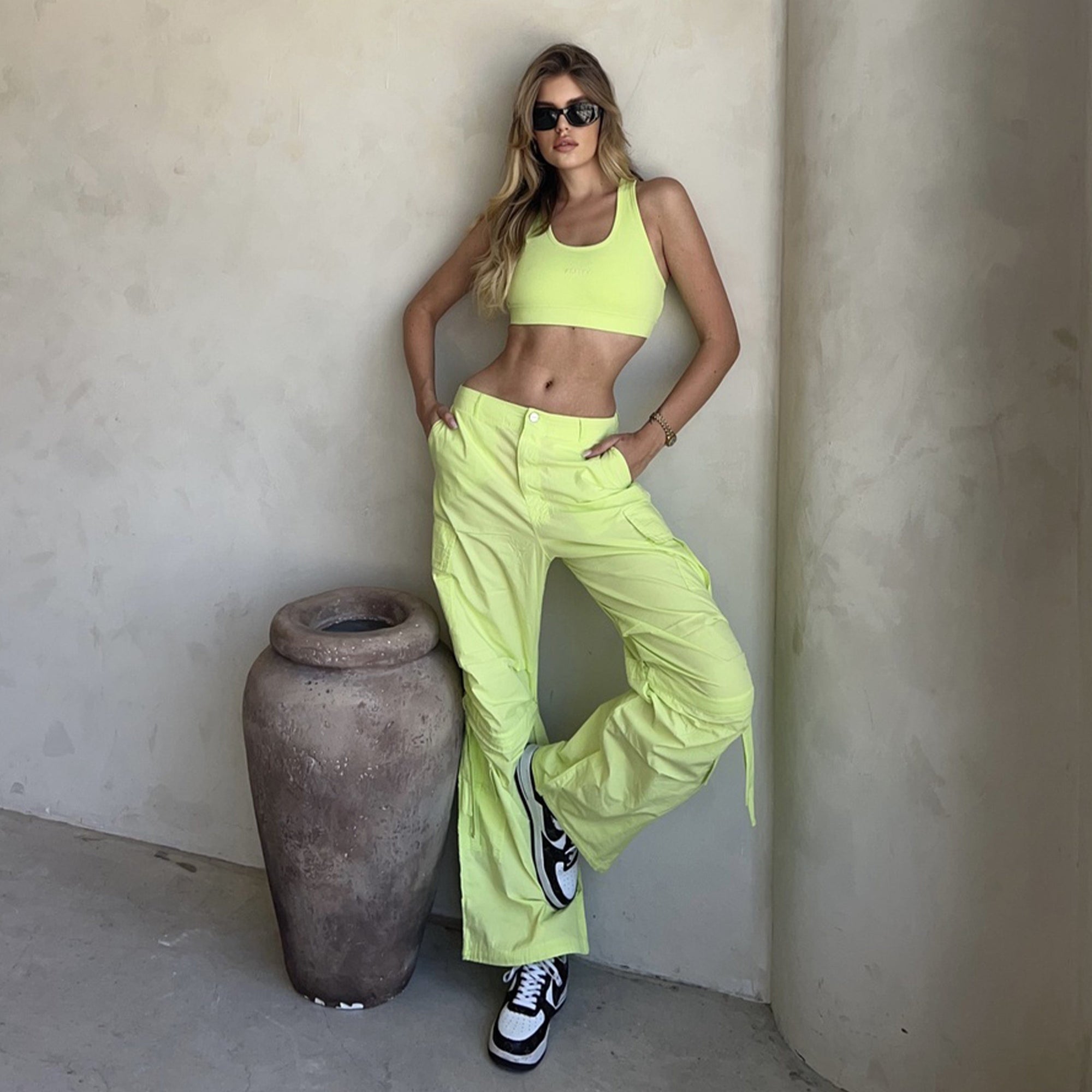 Cargo Pants - High Waisted - Full Length - Lime Green