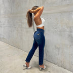 ناو® دينم إصدار محدود - خصر مرتفع - تصميم واسع من الأسفل - خياطة زرقاء وصفراء