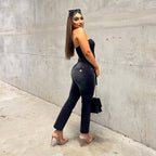 ناو® دينم إصدار محدود - خصر مرتفع - تصميم واسع من الأسفل - أسود + خياطة سوداء